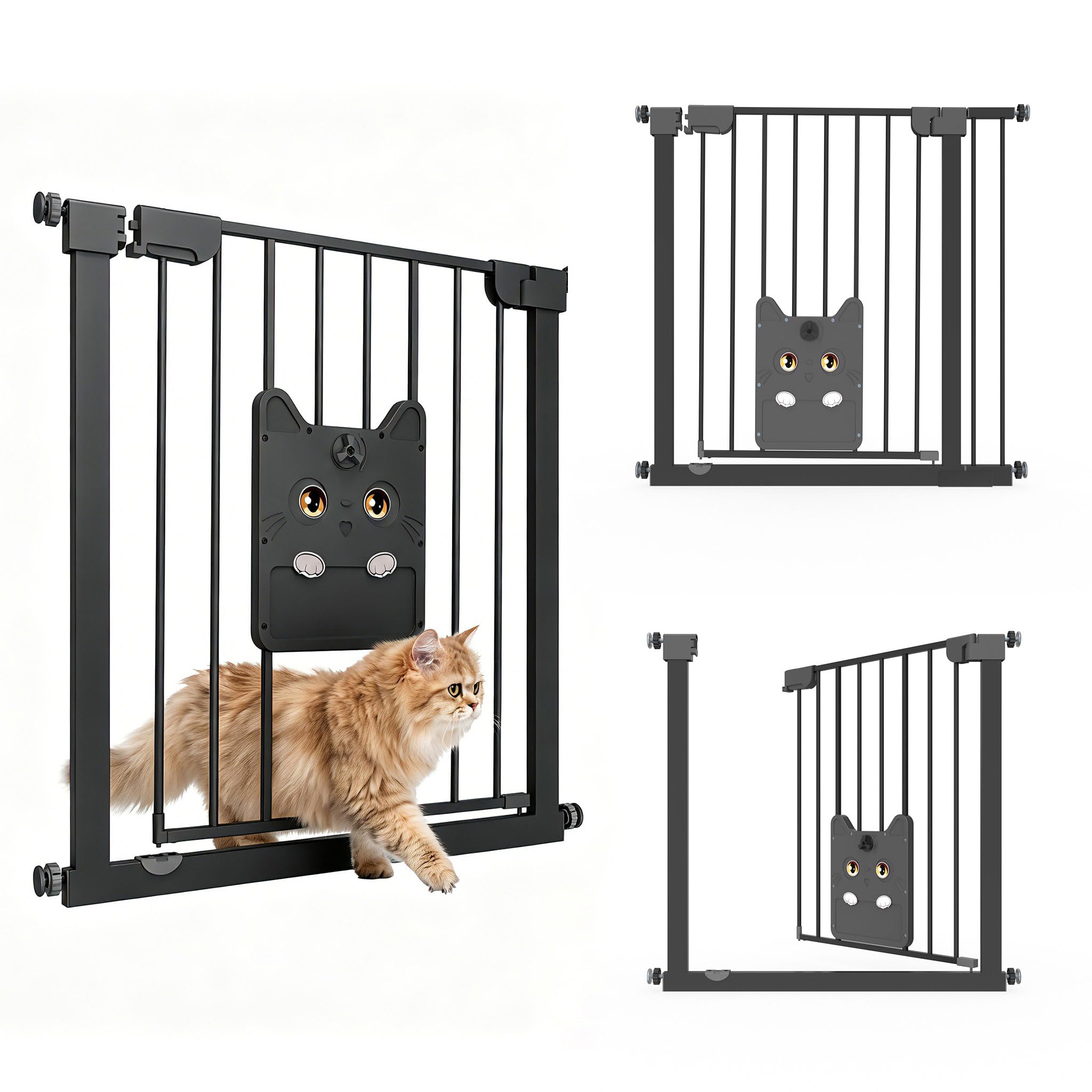 UISEBRT Türschutzgitter Treppengitter ohne Bohren mit großer Katzenklappe, 76cm Hoch 75-85cm Erweiterbar bis 115cm, 180° beidseitig öffnen Autoclose Doppelschloss Metall Absperrgitter