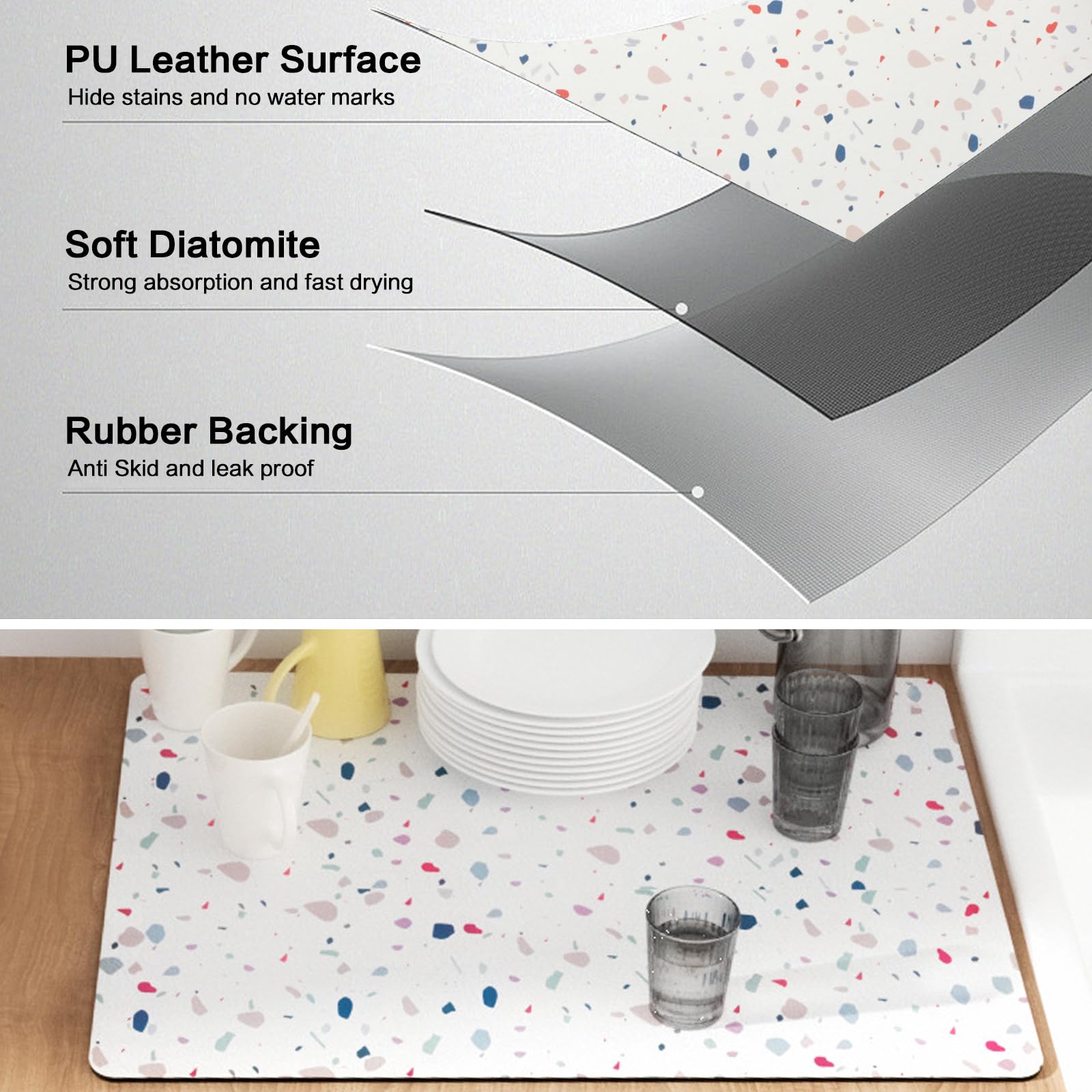 Dish Drying & Coffee Bar Mat | 22.83"x14.96" White Marble Pattern, Absorbent, Heat Resistant, Non-Slip Back - View #5