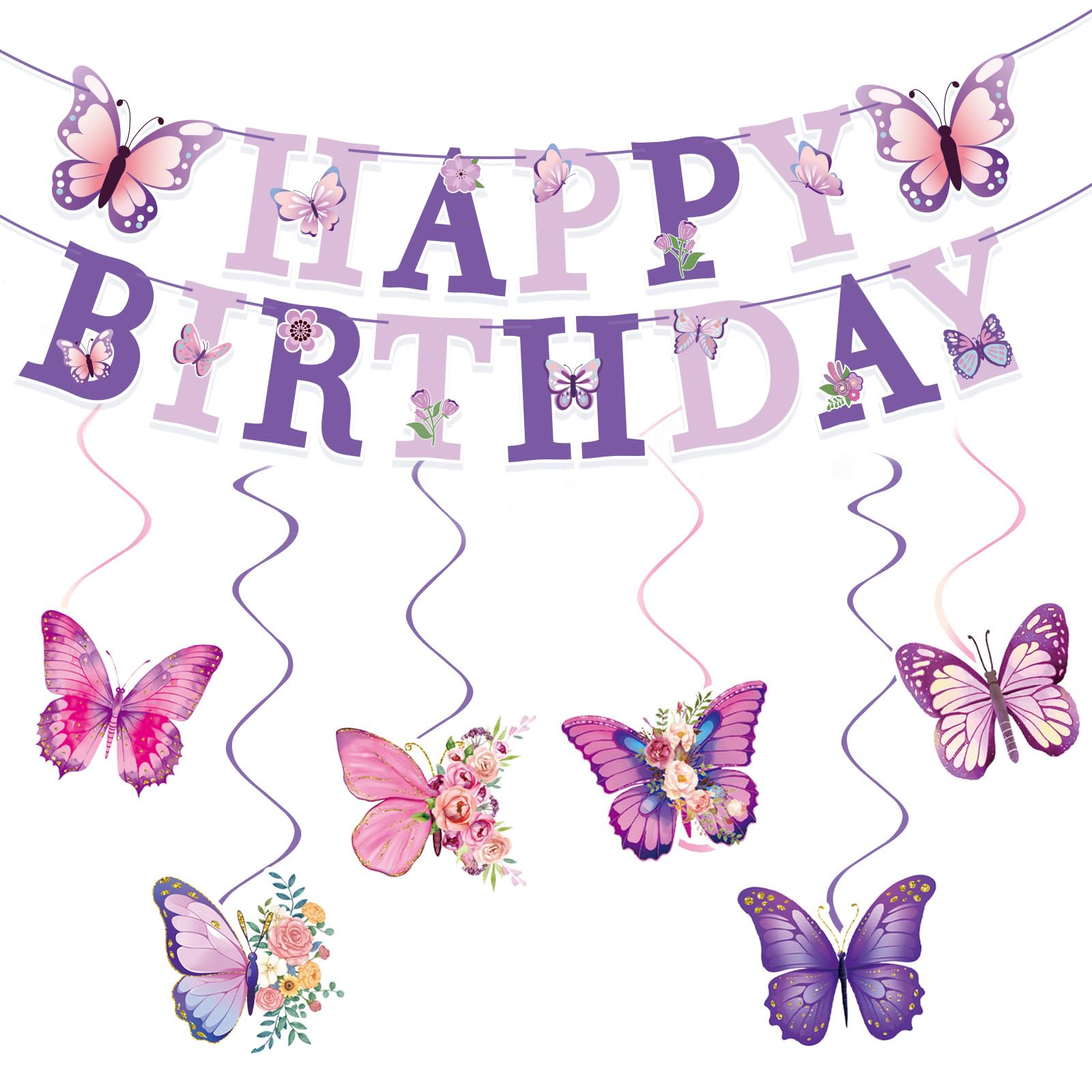 HONZSAN Butterfly Birthday Decorations, Pink Purple Birthday Decorations for Women Girls, Flower Butterfly Happy Birthday Banner and Hanging Swirls, Spring Summer Garden Theme Birthday Party Decor