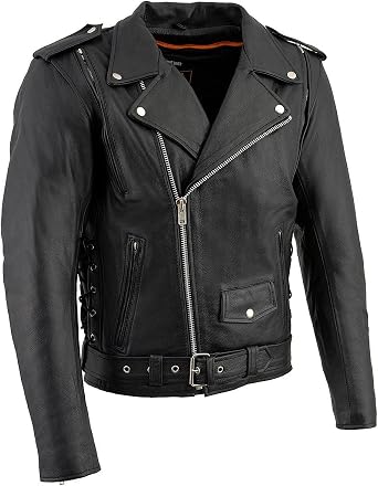 Milwaukee Leather LKM1775 Black Leather Motorcycle Jacket for Men, Thick Brando Style Biker Jacket w/ Side Lace