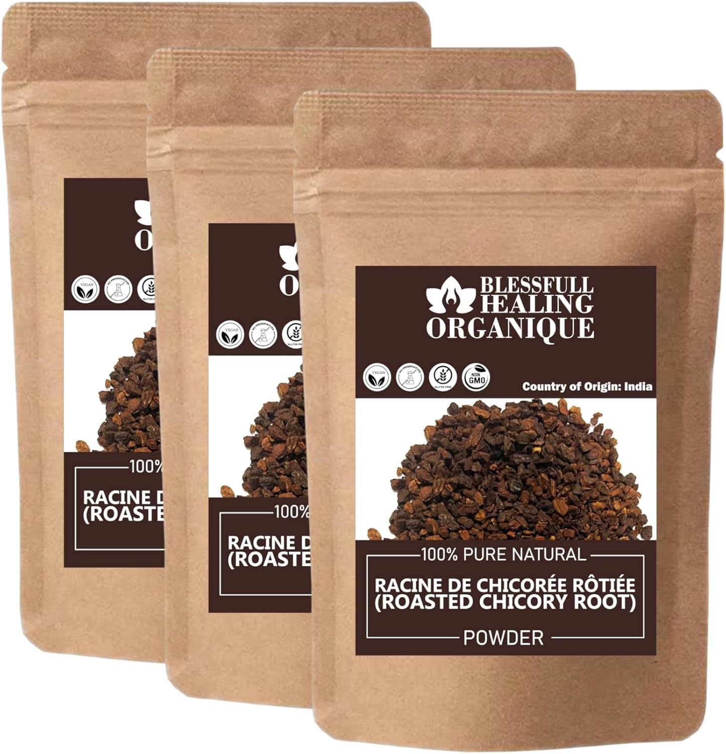 Blessfull Healing Organic Roasted Chicory Root Powder 100% Pure Natural 100 Gram (3.52 oz) Each (Pack of 3) = 300 Grams, Vegan