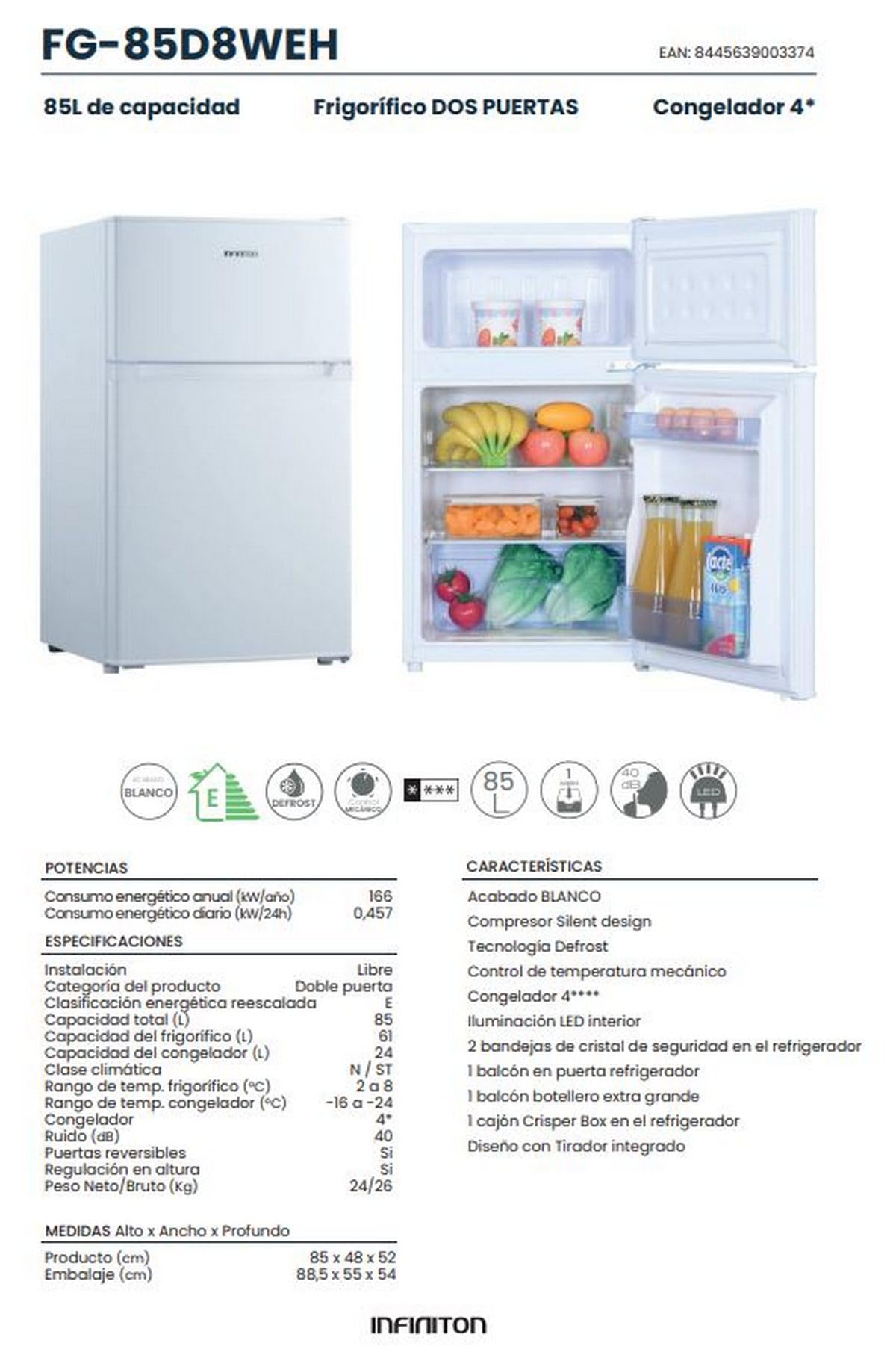 INFINITON Frigorifico Dos Puertas FG-85D8, 85 cm, 85 l, E, Blanco, Tirador Integrado, Luz LED (Blanco | FG-85D8WEH)