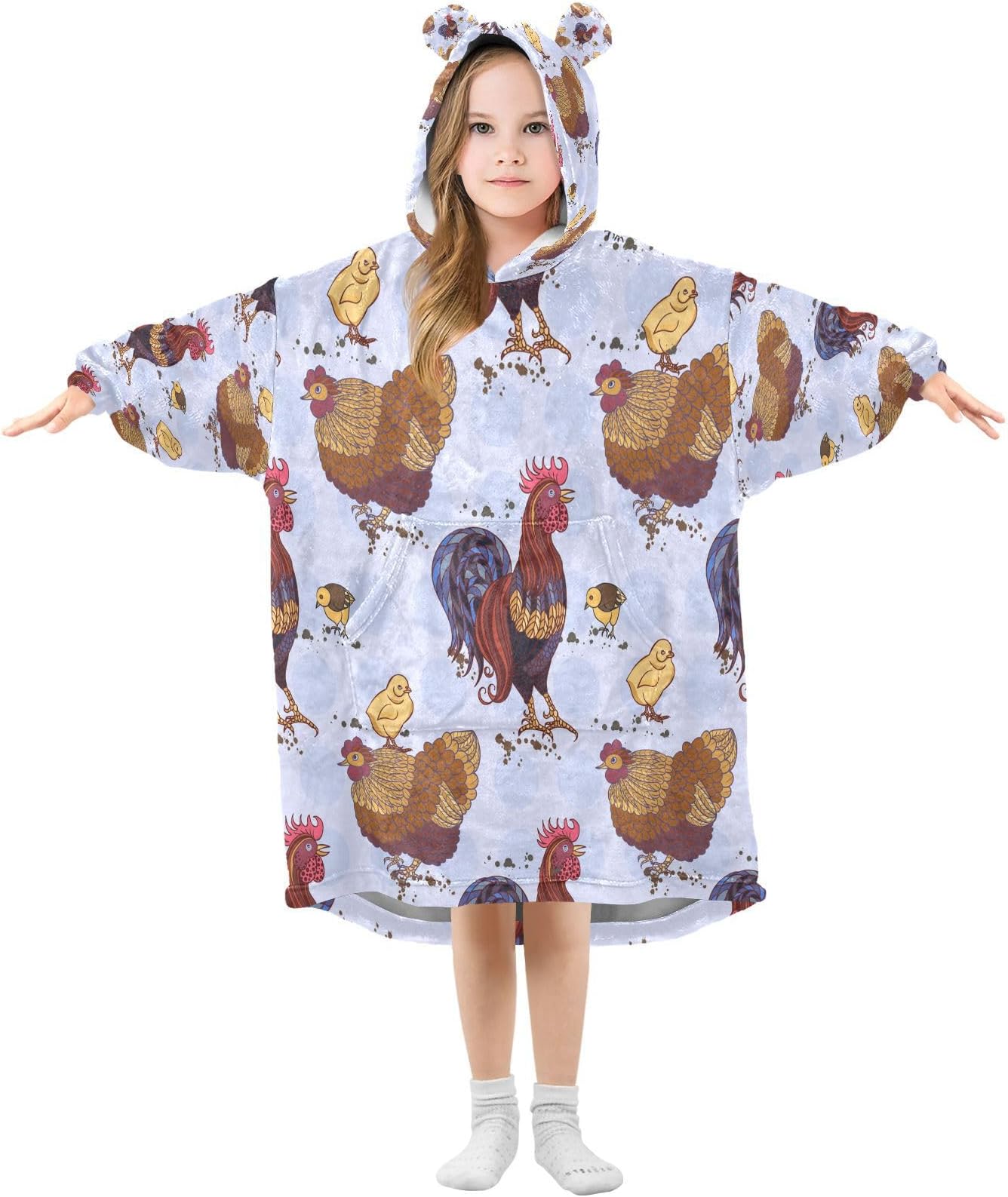 Rooster Wearable Blanket Hoodie for Kids, Oversized Soft Cozy Flannel Sweatshirt Blanket with Pocket