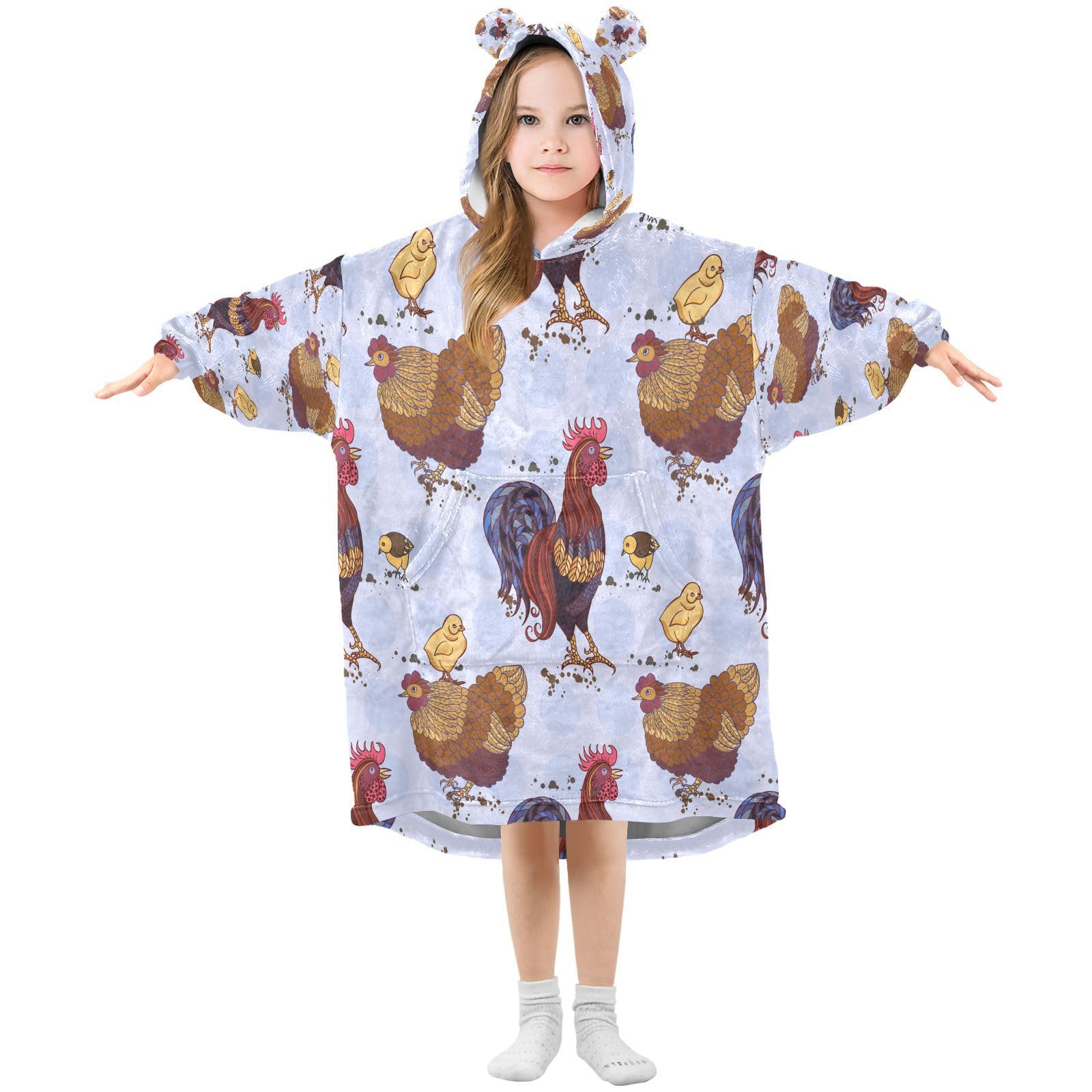 Rooster Wearable Blanket Hoodie for Kids, Oversized Soft Cozy Flannel Sweatshirt Blanket with Pocket