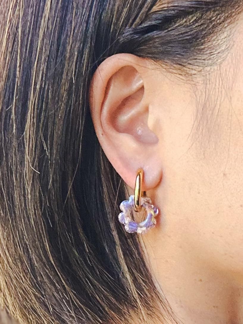 Pressed Flower Resin Charm Gold 14mm Hoop Handmade Earrings - Real Pink and Purple Flower Petals with Sparkles and Glitter - Trendy Earrings for Women