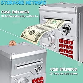 Yoego Kids Money Bank, Electronic Piggy Banks, Great Gift Toy for Kids Children, Auto Scroll Paper Money Saving Box Password Coin Bank,Perfect Toy Gifts for Boys Girls (Silver)