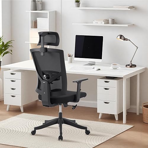 Miniatura 8 de Silla de oficina ergonómica de respaldo alto, soporte lumbar ajustable y reposacabezas, silla de tareas giratoria con reposabrazos hacia arriba,