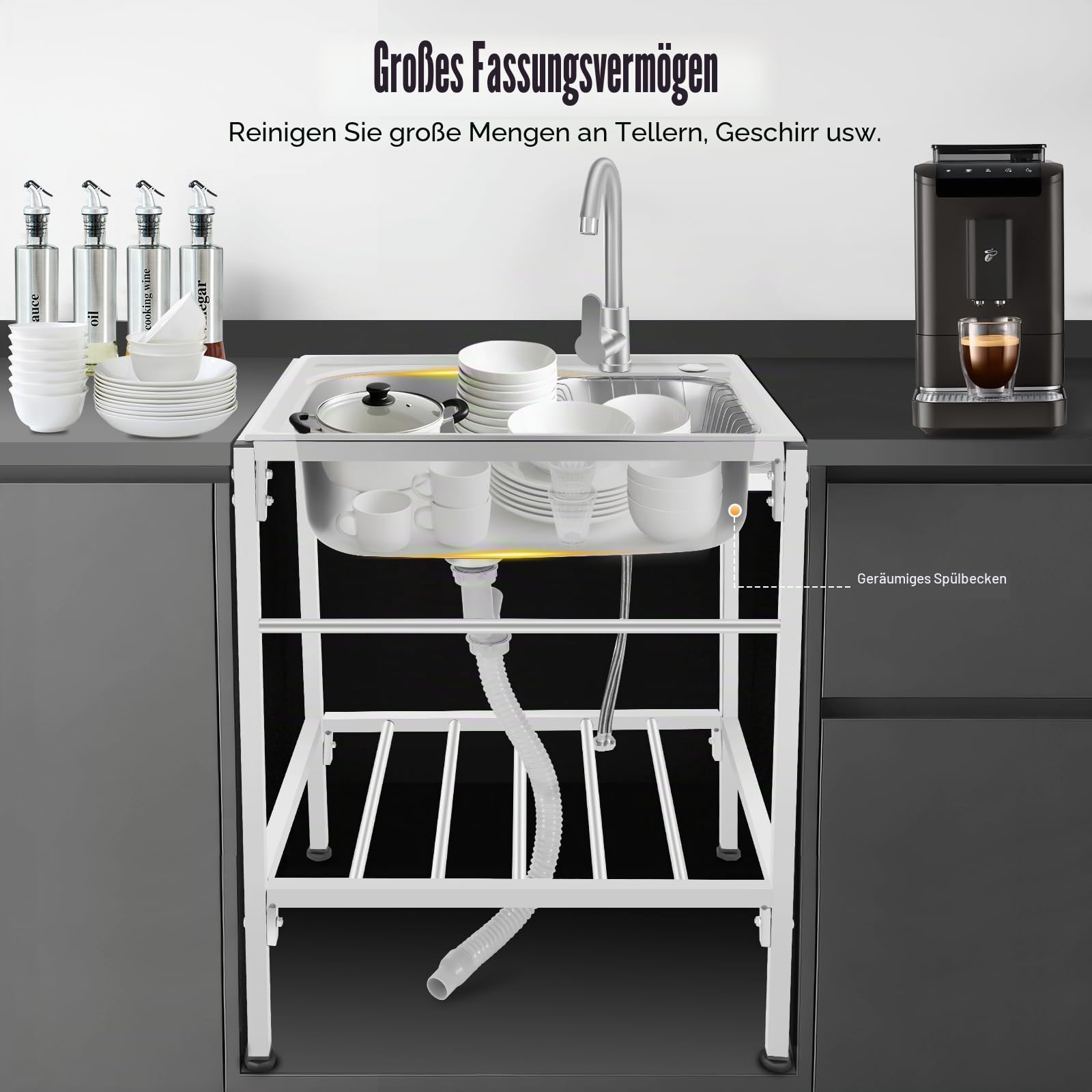 Edelstahl Spültisch, Küchenspüle Spülbecken Mit Unterschrank, Ausgussbecken Mit Heißer & Kalter Armatur, Freistehende Spüle Für Küche Restaurant, 60 * 45 * 75cm