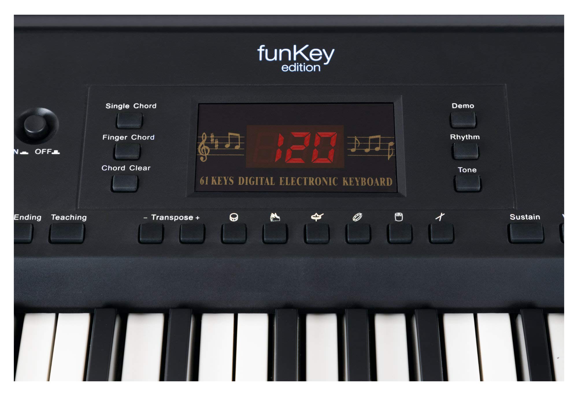 FunKey 61 Edition Nero, 300 suoni, 300 ritmi, 40 brani demo, Metronomo | Sustain, vibrato, double voice, trasposizione, split tastiera, intro/ending, drum, Funzione di registrazione, Uscita cuffie