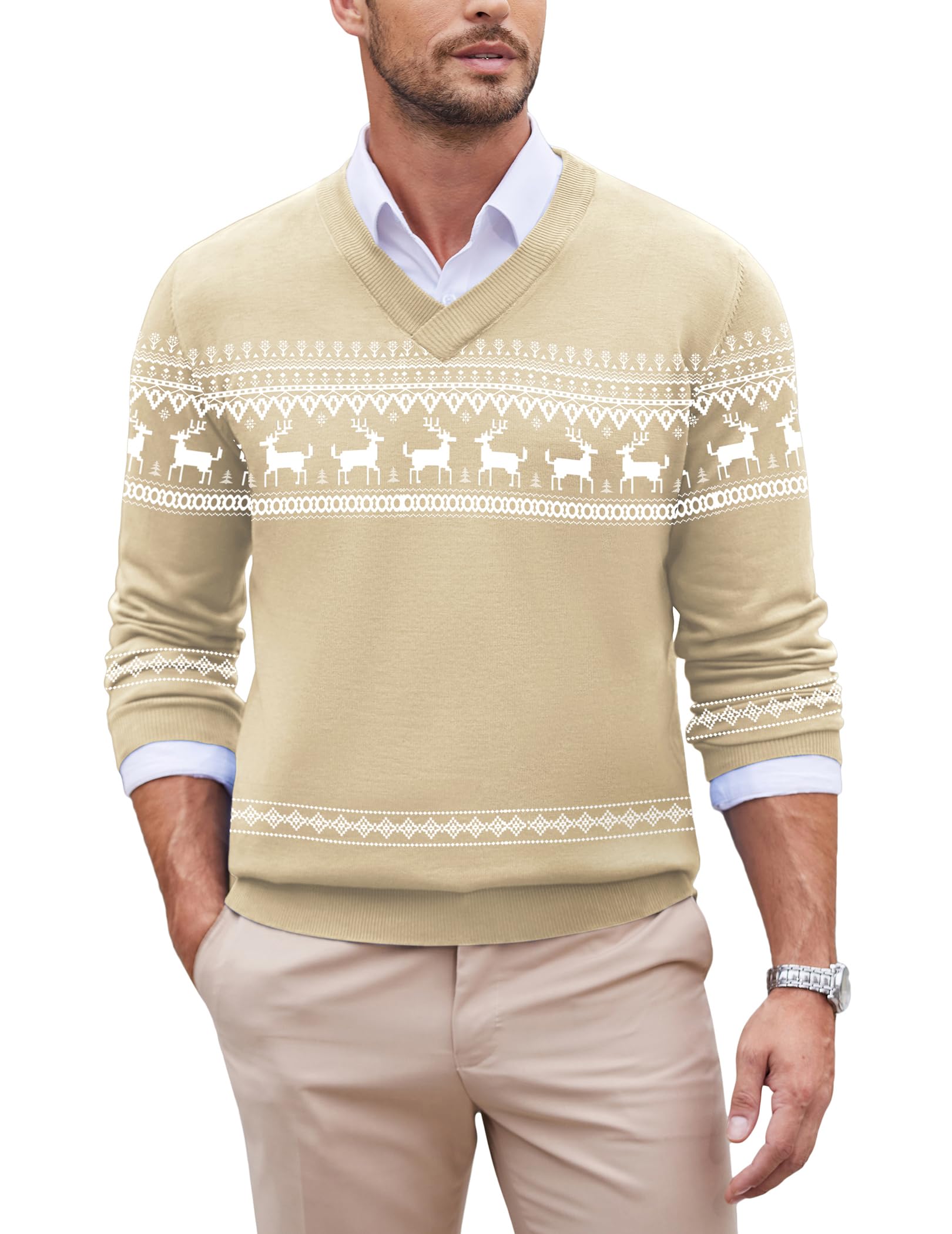 COOFANDY Weihnachtspullover Herren V-Ausschnitt Strickpullover Weihnachten Pullover Pulli Winterpullover Herren Christmas Sweater
