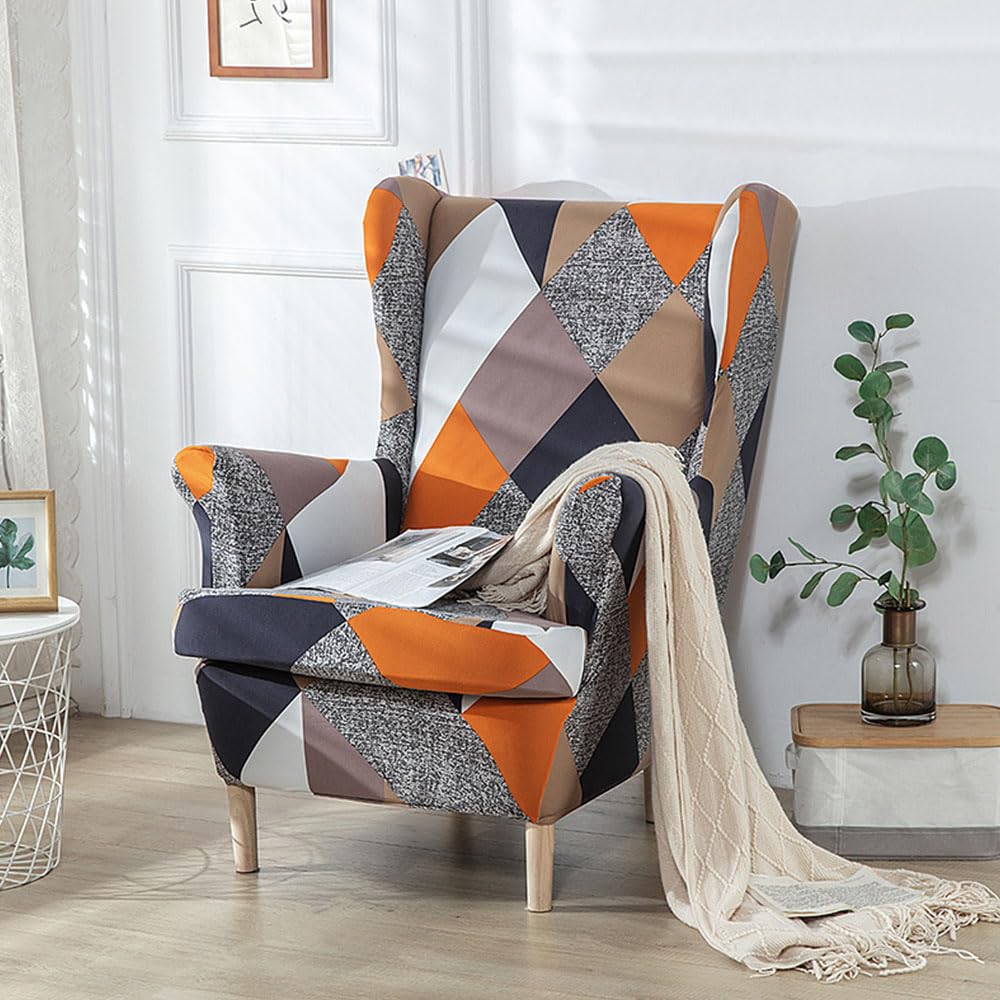 ChickwinStretch Wingback Chair Slipcover, Modern Geometry Living Room Chair Covers Furniture Protector, Spandex Wing Back Chair Covers with Arms (Geometry 3)