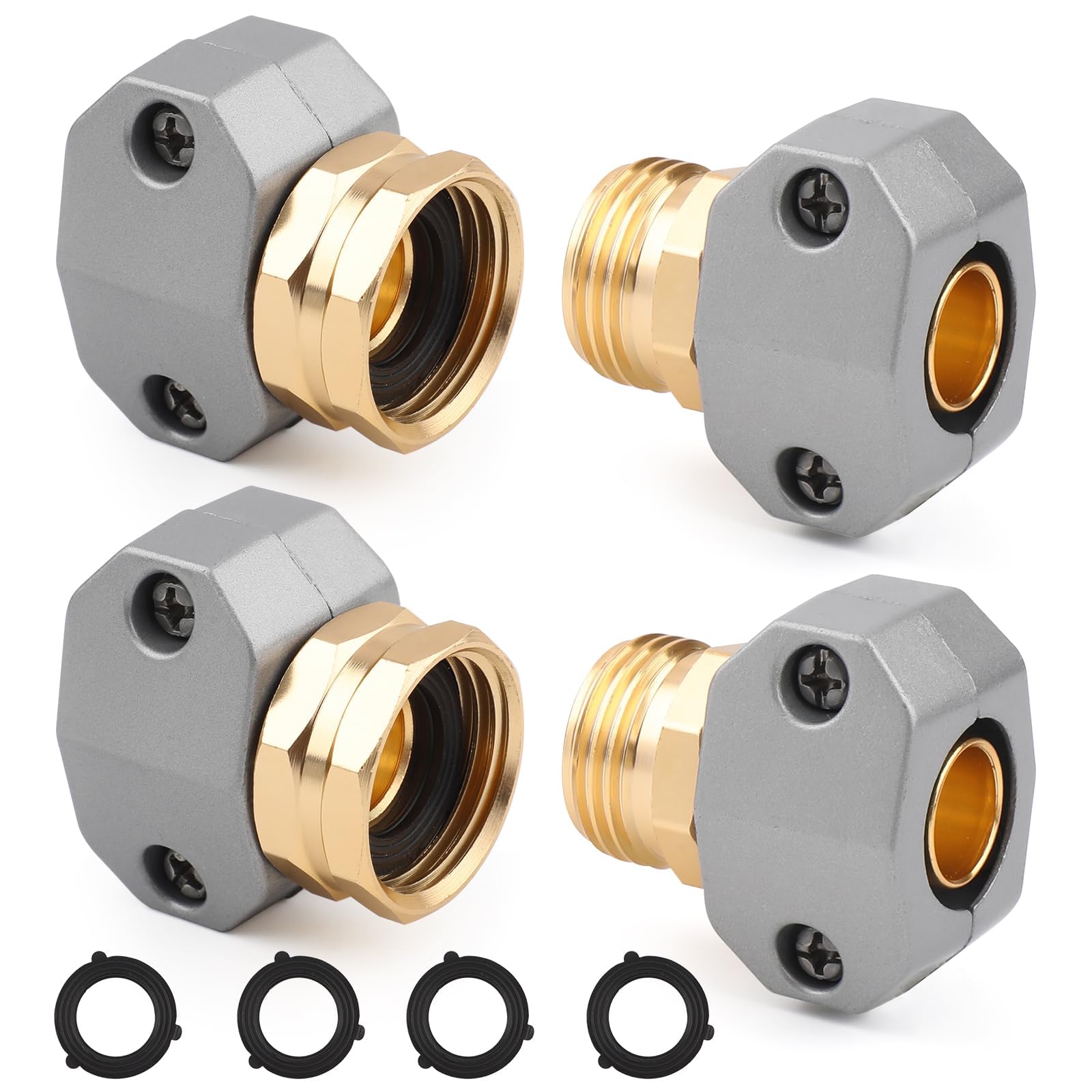Nexlynk 2 Sets Garden Hose Connector Repair Kit 3/4" (19mm) and 5/8" (16mm) Heavy Duty Hose Pipe Connector Set Aluminium Zinc Hose Mender with Washers for Outdoor Tap Irrigation and Leak Repair