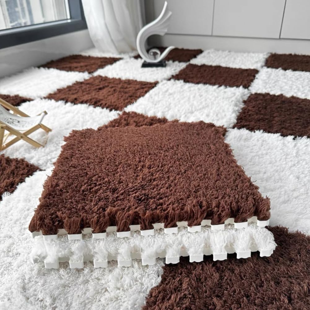 10 Pack Carpet Squares Puzzle Mat 30x30x1cm Plush Interlocking Carpet Tiles,Soft Fluffy Floor Protective Mat Shaggy Area Rug for Bedroom (Coffee White)