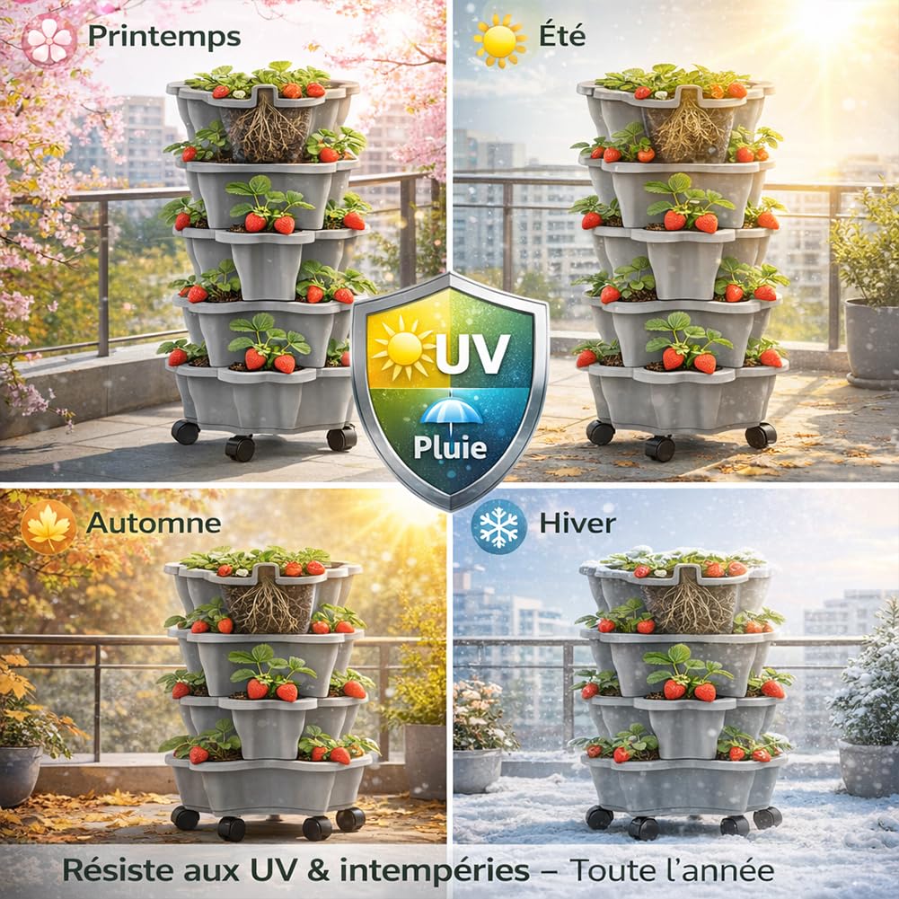 Tour à Fraise Jardinière Empilable 6 Niveaux, Tour Fraises Verticale Extérieure avec roulettes Résistante aux Intempéries, Potager Gain de Place pour Fraises,Légumes, Balcon Terrasse