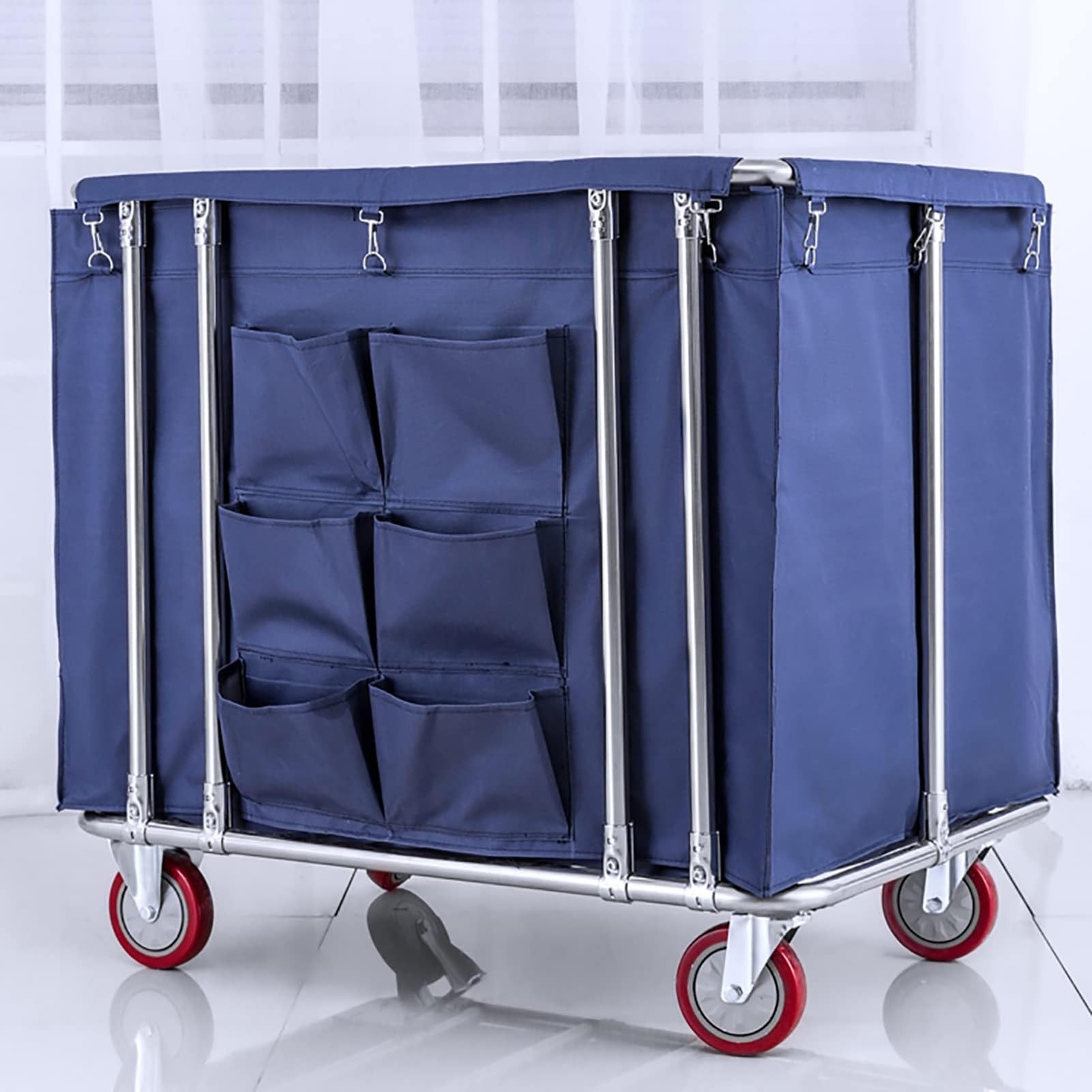Carro de lavandería comercial de 400L con ruedas, cesto de lavandería industrial grande con ruedas, cesto de lavandería con ruedas con diseño de bolsillo lateral y bolsa interior extraíble(Blu)