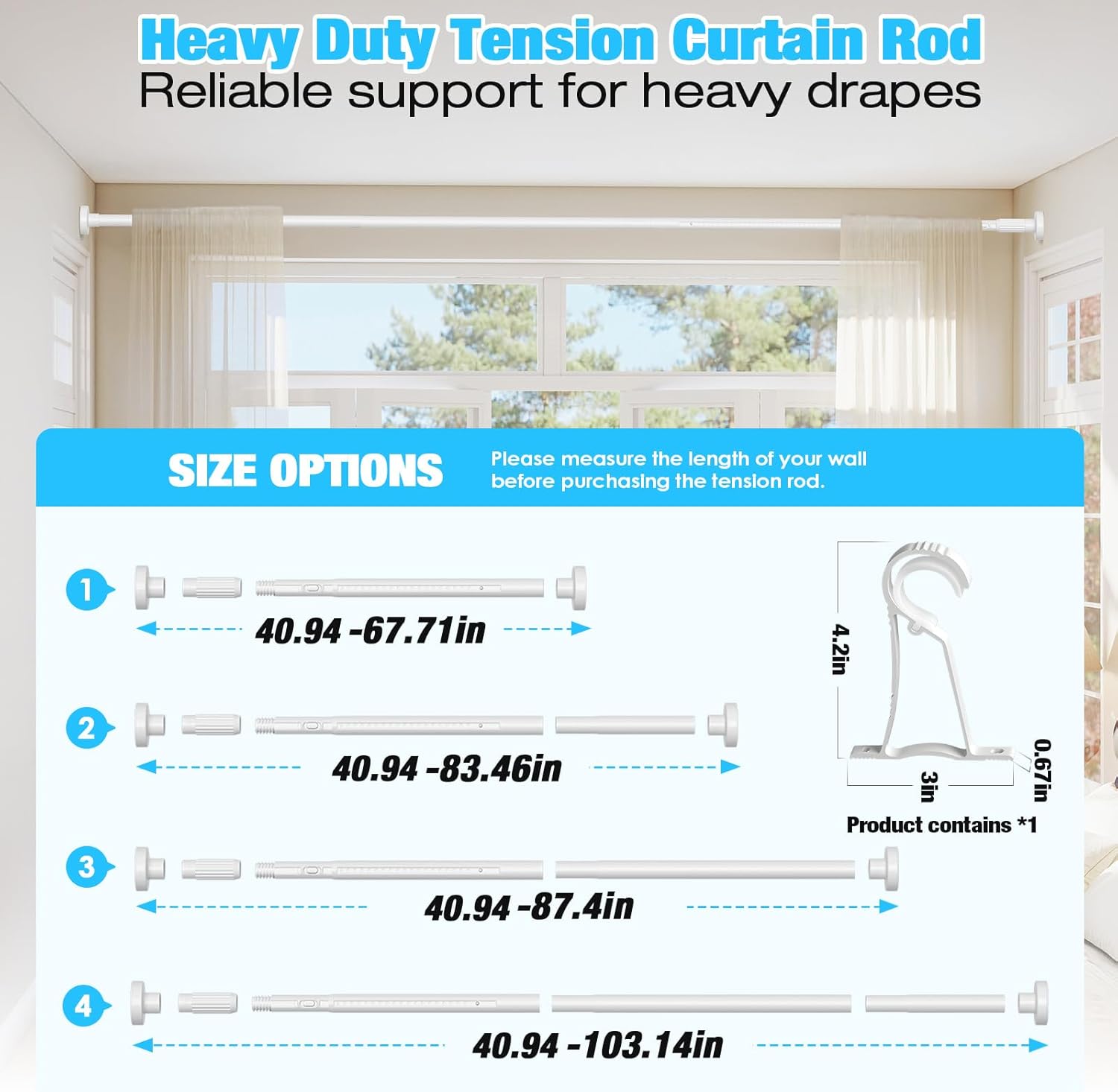 MEXAU White Tension Curtain Rods for Windows 41-103 Inches Heavy Duty Tension Rod Adjustable Curtain Rods No Drilling for Bathroom Living Room Outdoor Patio Hold Up Blackout Curtains and Non Slip