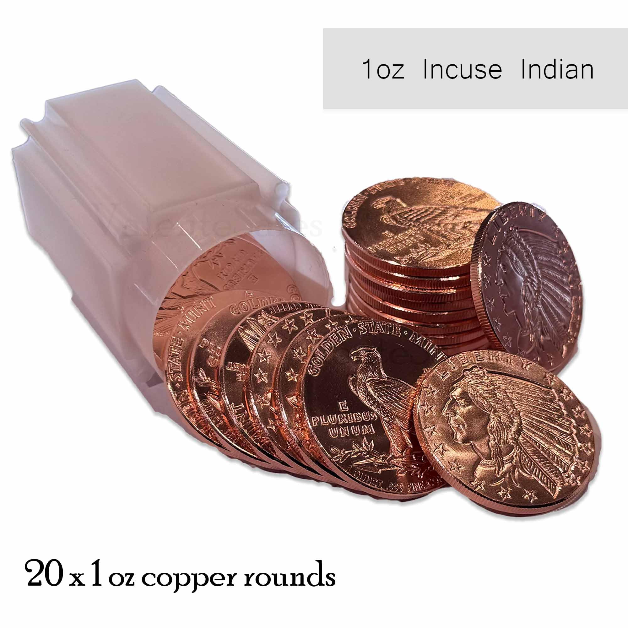 20pc x 1 oz Incuse Indian copper round in storage tube