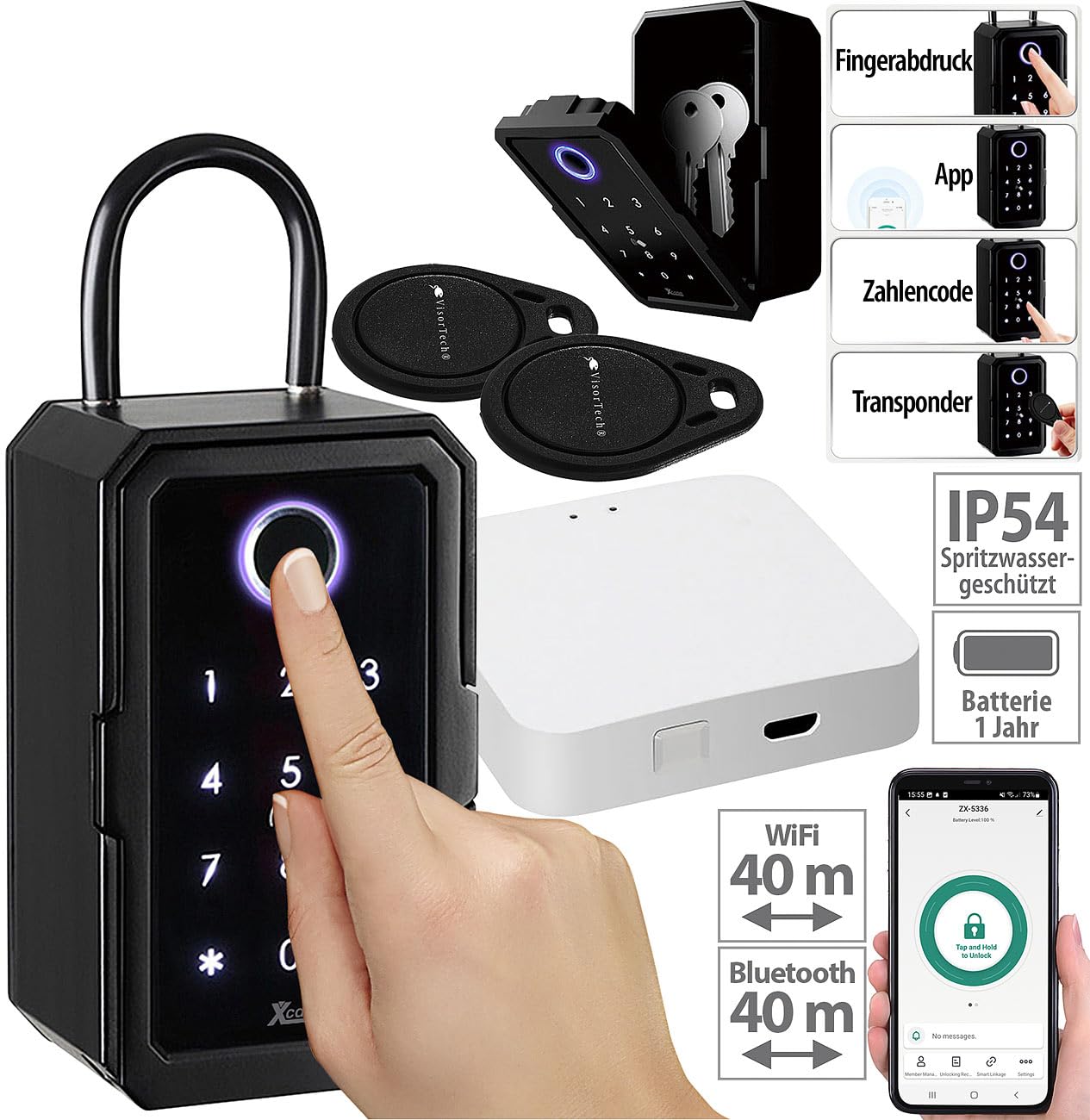 Xcase Schlüsseltresor WLAN: Smarter Schlüssel-Safe & WLAN-Gateway, PIN per Touch-Keys, Fingerprint (Schlüsselbox, Schlüsselkasten, RFID)