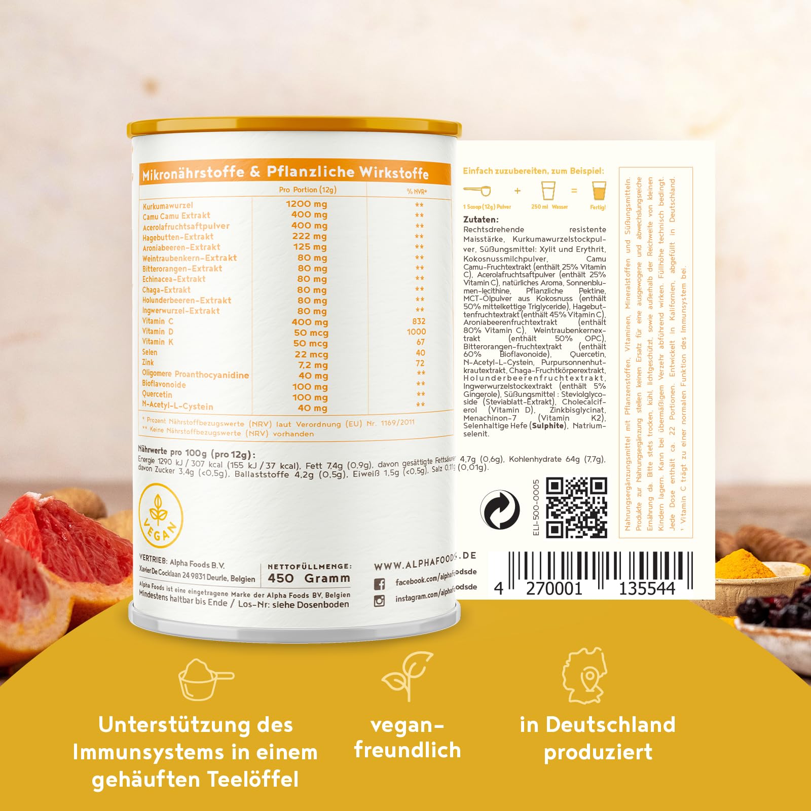 Immun-Elixier | 450g | Immunsystem Stärken | mit Vitamin C, D & K2 pulver, Quercetin, Acerola, Kurkuma, Hagebutten, Selen, Zink, Camu, Echinacea & NAC zur Unterstützung des Immunsystems | Alpha Foods