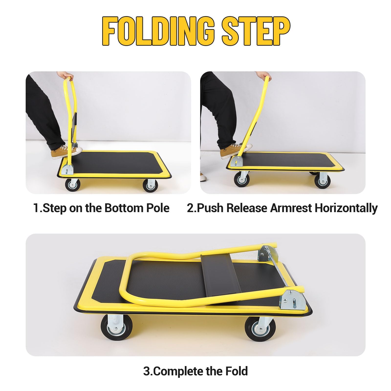 Garvee Camión de plataforma, capacidad de 270 kg, carro de mano de plataforma resistente con ruedas de freno TPR de 15 cm, carrito plegable multiusos para carga y almacenamiento, garaje, almacén
