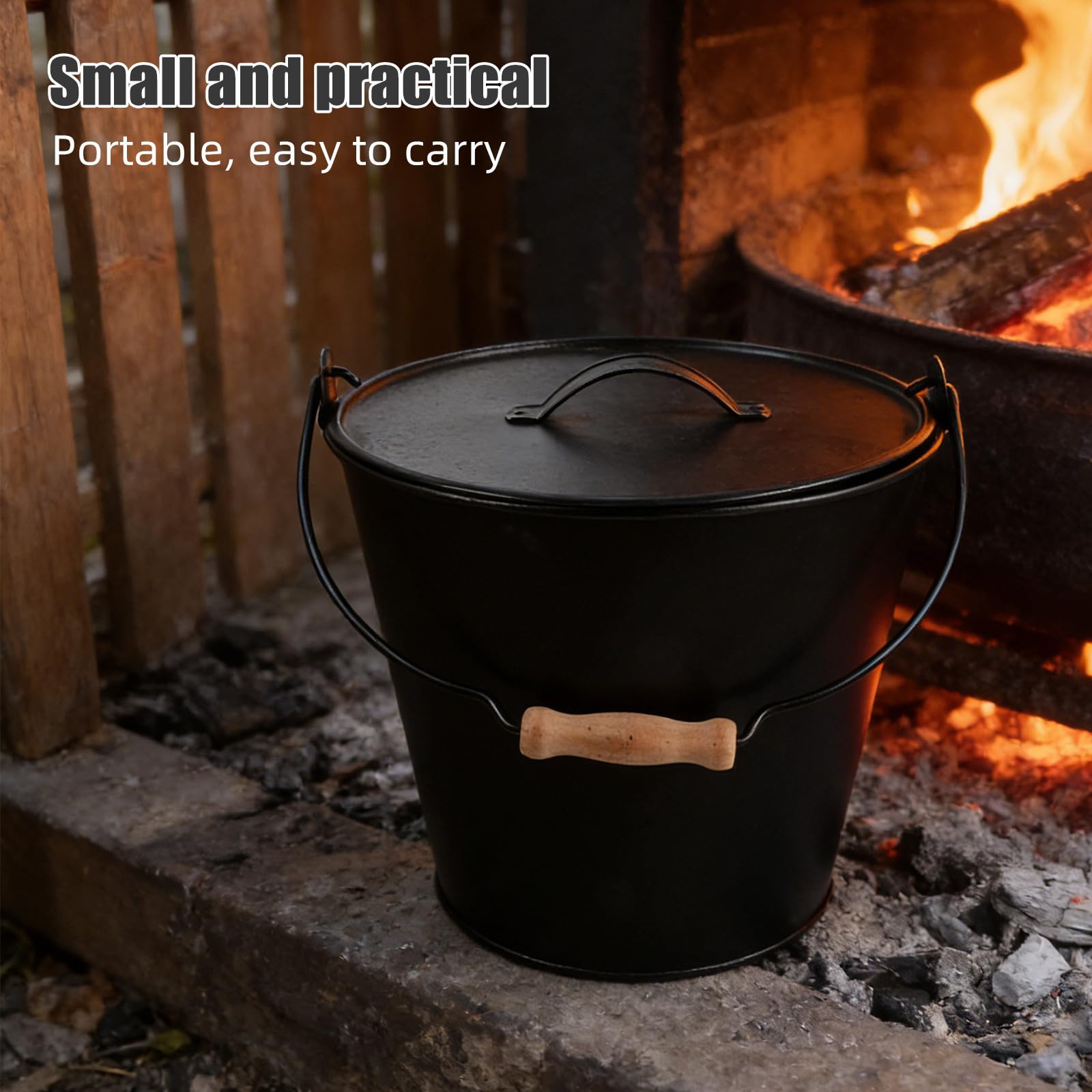 Hemobllo Cubo de Metal Negro para Cenizas con Tapa Segura y Asa de Madera, Adecuado para Estufas de Leña y Quemadores de Interior, para Recolectar Cenizas