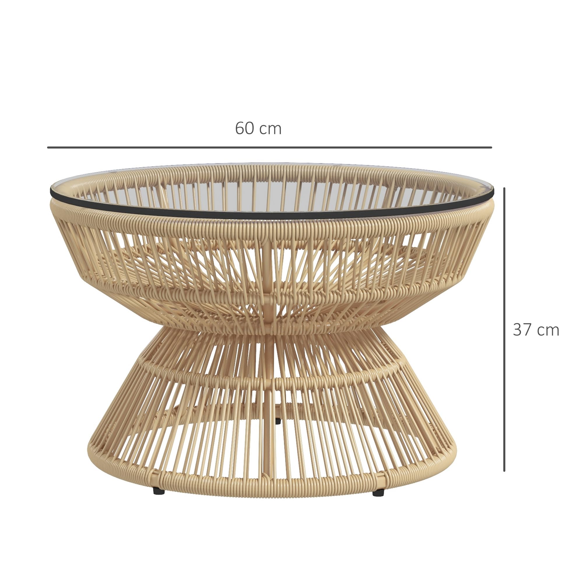 Outsunny Table Basse de Jardin Ronde, Table d'appoint en résine Aspect rotin et Plateau Verre trempé Ø60 x 37H cm Naturel