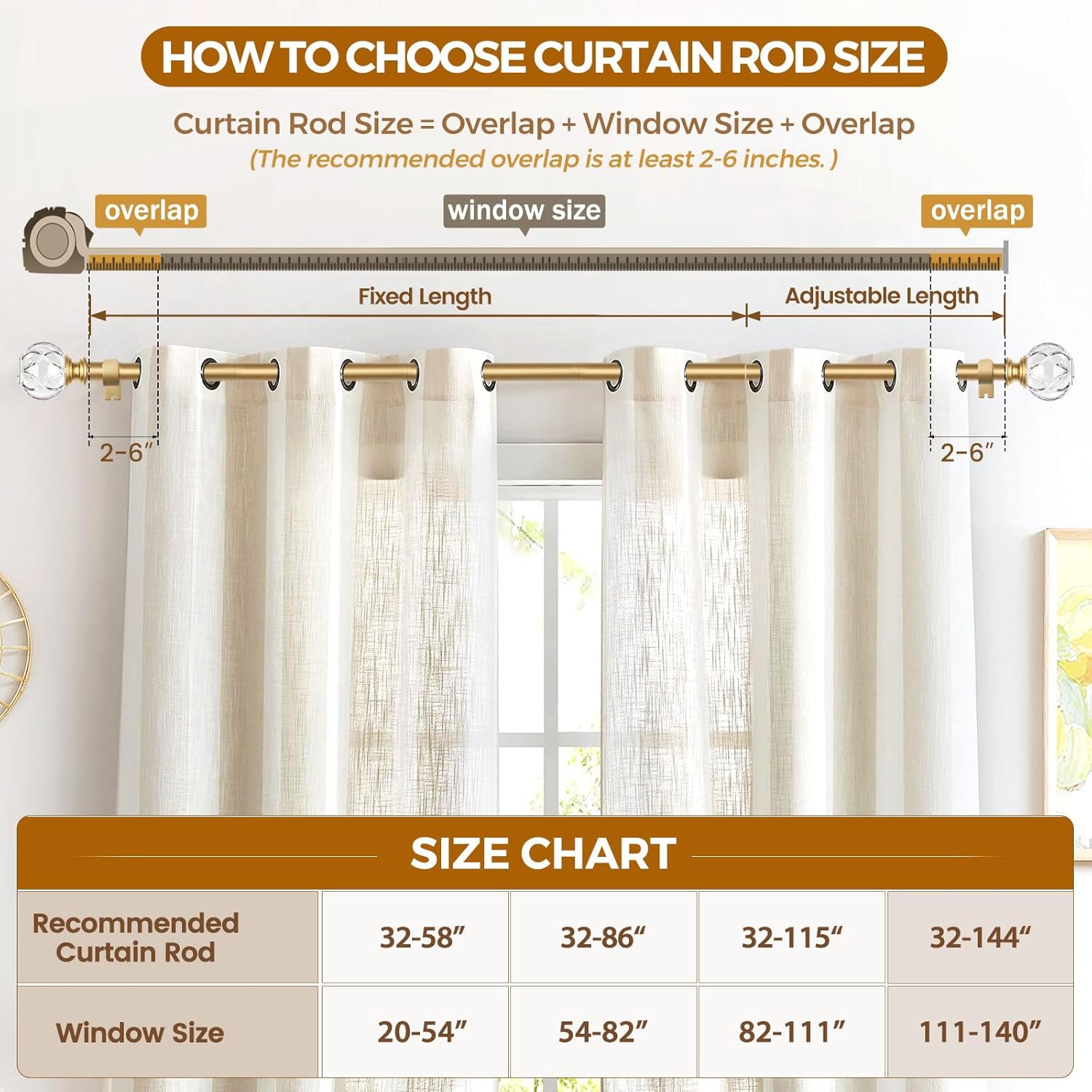 KAMANINA 1 Inch Curtain Rod 72 to 144 Inches (6-12 Feet) Telescoping Luxury Gold Curtain Rods for Windows, Heavy Duty Long Drapery Rods with Crystal Netted Texture Ends, 32-144"