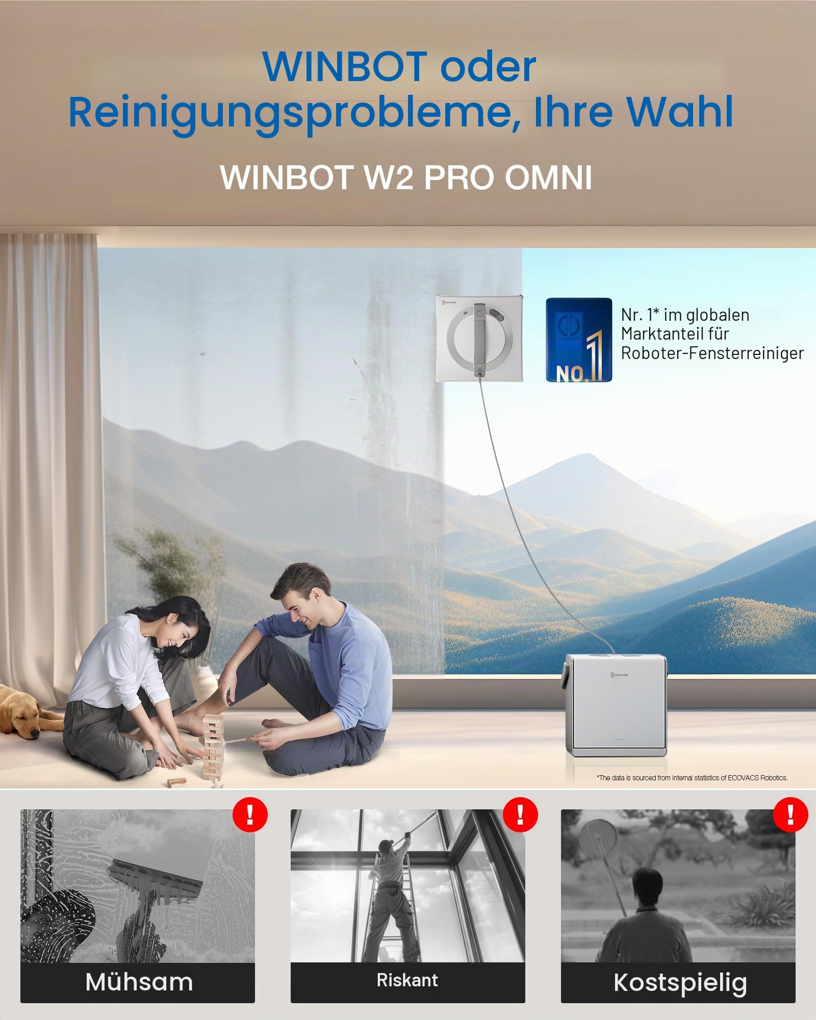 ECOVACS Winbot W2 Pro Omni Tragbarer Fensterreinigungsroboter mit Multifunktionsstation, Aufladen während der Arbeit, intelligente Reinigung mit dreifachem Sprühkopf, Schutz