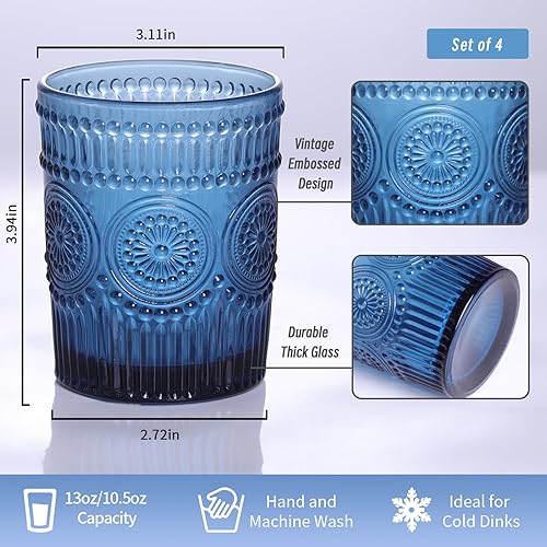 Miniatura 2 de Juego de vasos de vidrio vintage de 4 a 10.5 onzas, vasos azules para agua, vasos de cristalería en relieve para jugo, cerveza, cóctel, whisky,