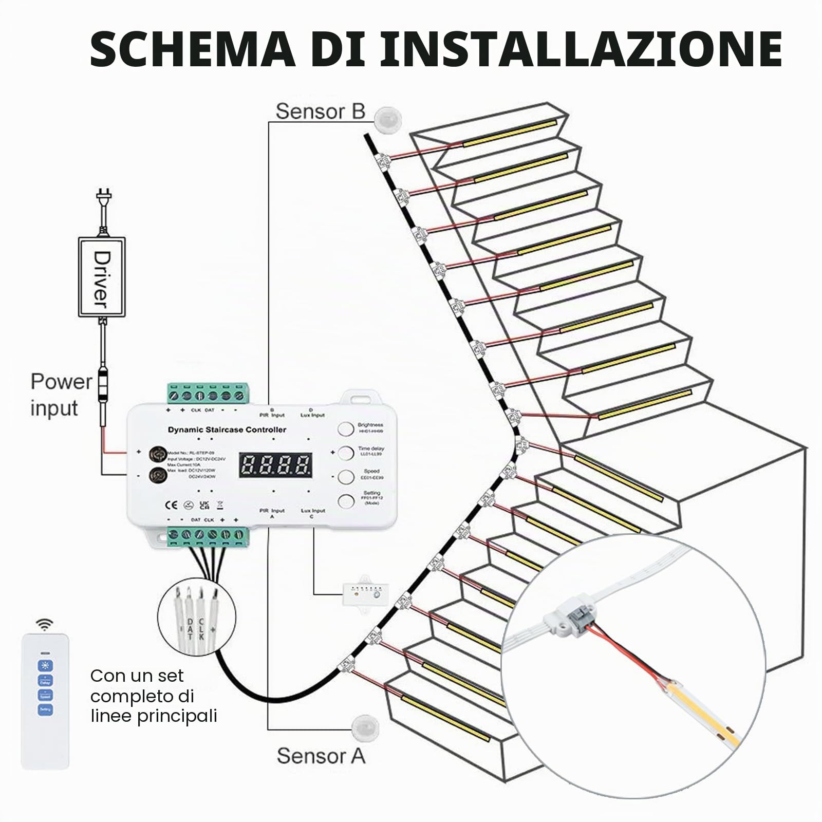 Illuminazione a LED per gradini con sensore di movimento e sensore di luce diurna, 16 livelli (16 passi RL-STEP-09-2700K)