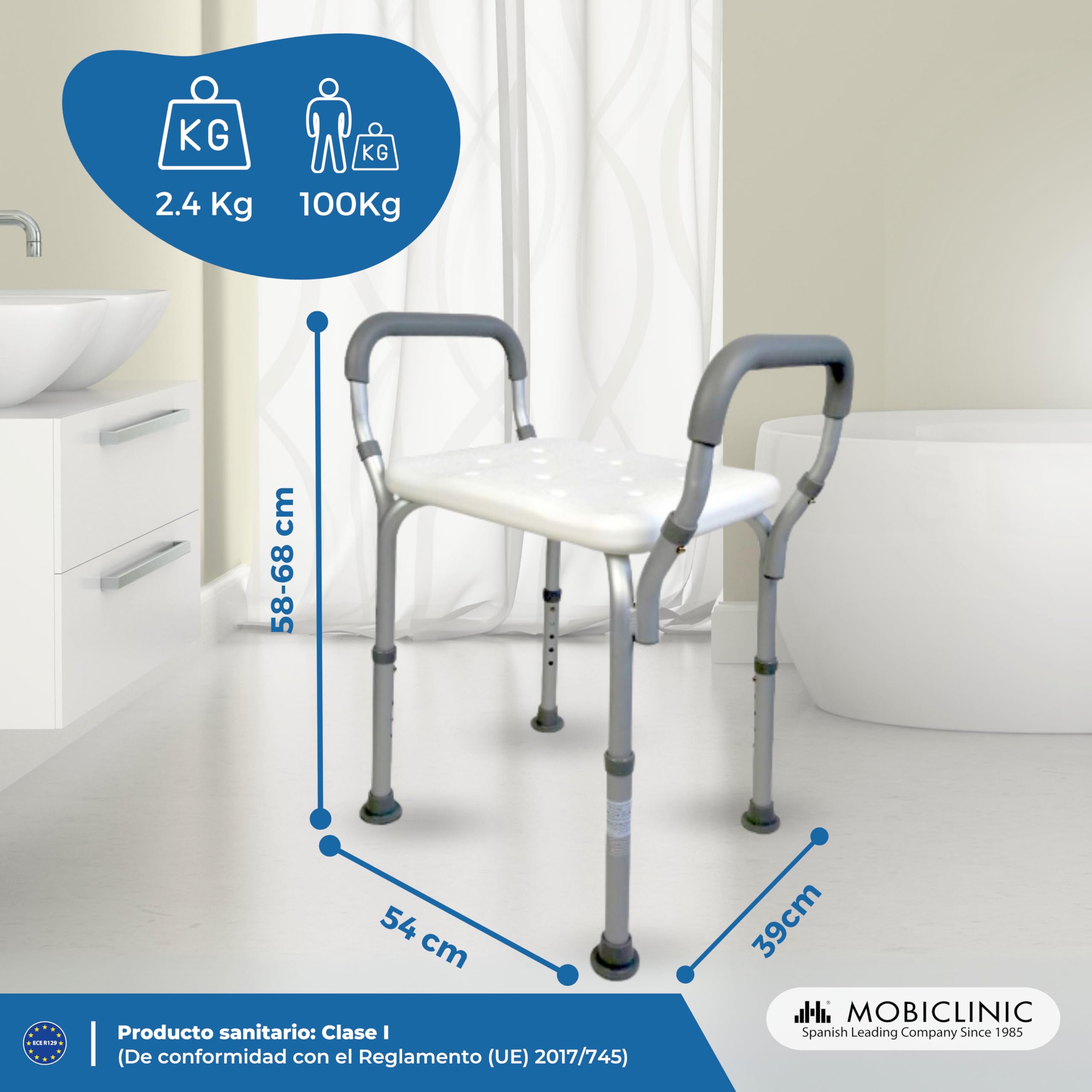Mobiclinic®, Silla Ducha, Altura Regulable, Acueducto, Taburete Baño, Conteras Antideslizantes, con Reposabrazos, MAX. 100 kg, Aluminio, Blanco
