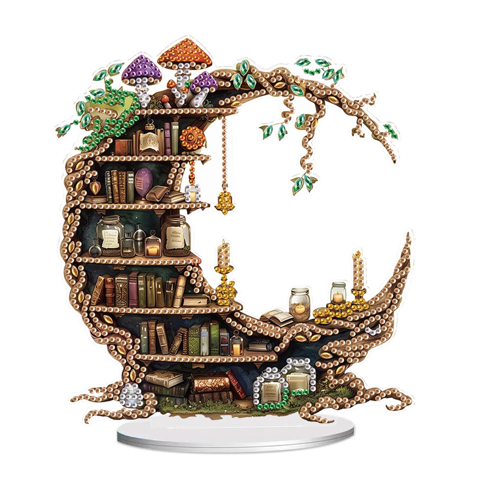 JISHSHAY Diamond Art Desk Ornaments Diamond Painting Desktop Decoration Gem Art Table Top Decorations Gem Painting Table Ornaments Mosaic Kits for Adults Desk Top with Special Shape Moon Bookcase