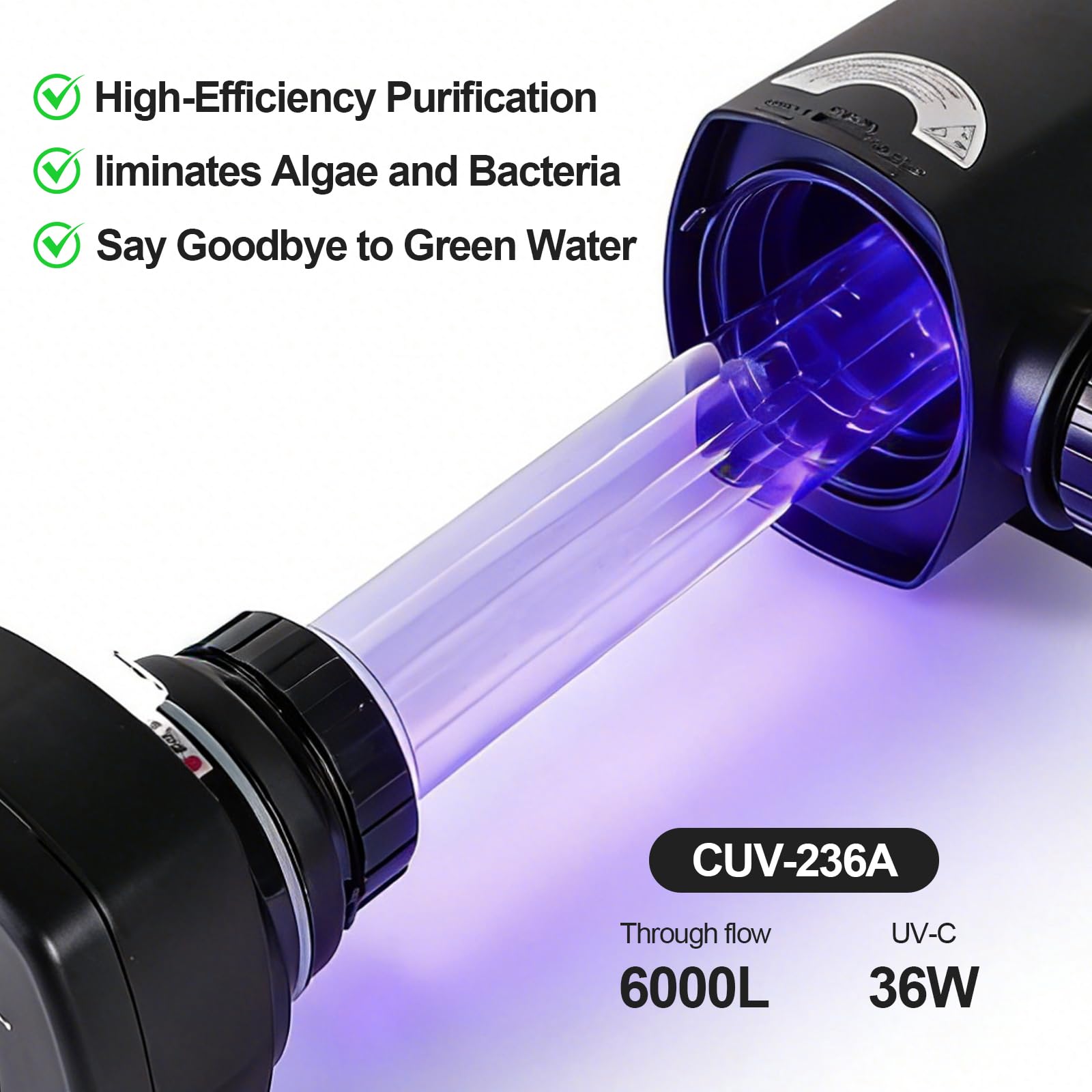 CPROSP CUV-236 środek do czyszczenia stawu UV 6000 l/h, 36 W, UVC z lampą UV, środek do usuwania glonów do stawu ogrodowego, basenu, akwarium, filtr światła do zwalczania glonów