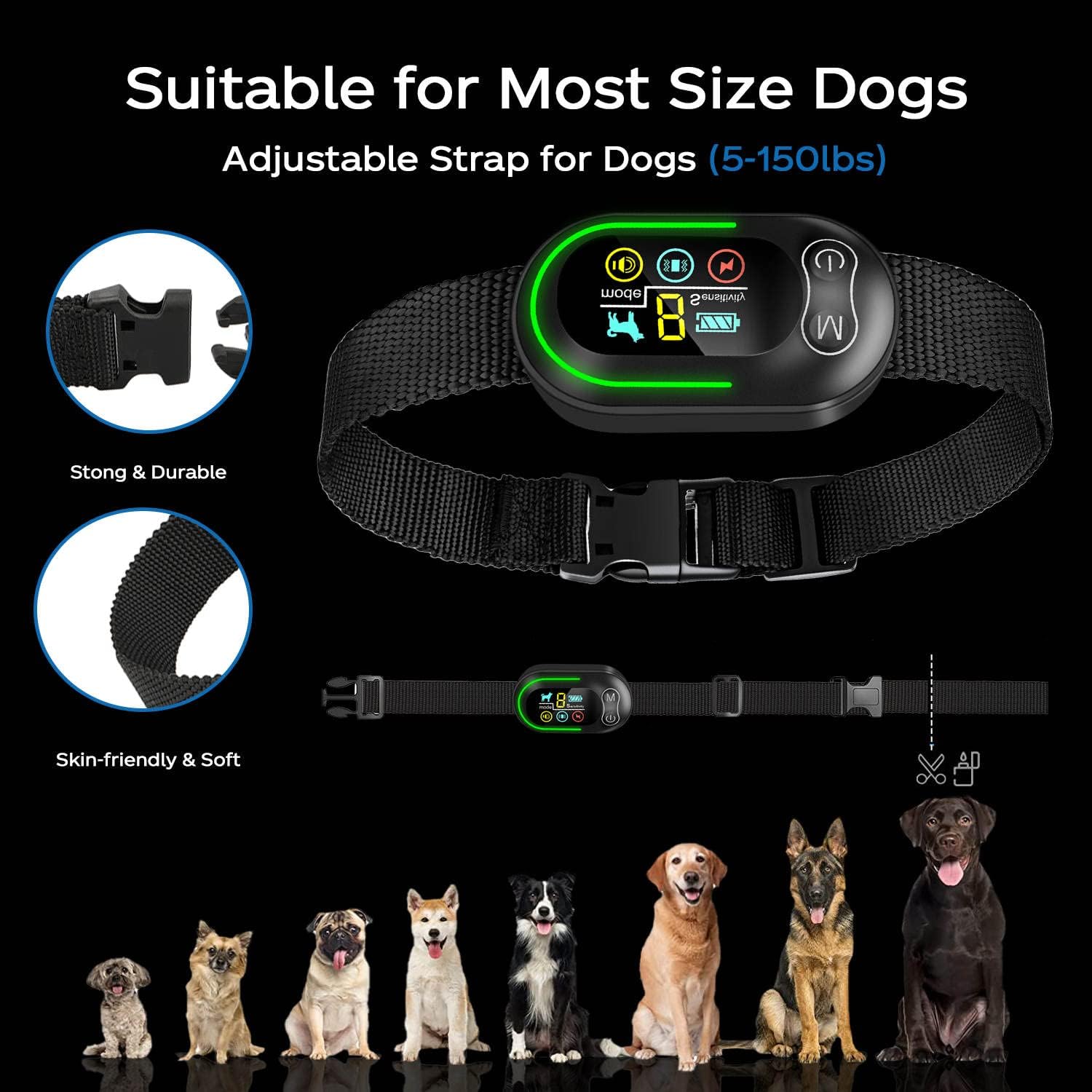 Various dog breeds from small to large wearing the S2 Bark Collar, illustrating its adjustable strap for different sizes.