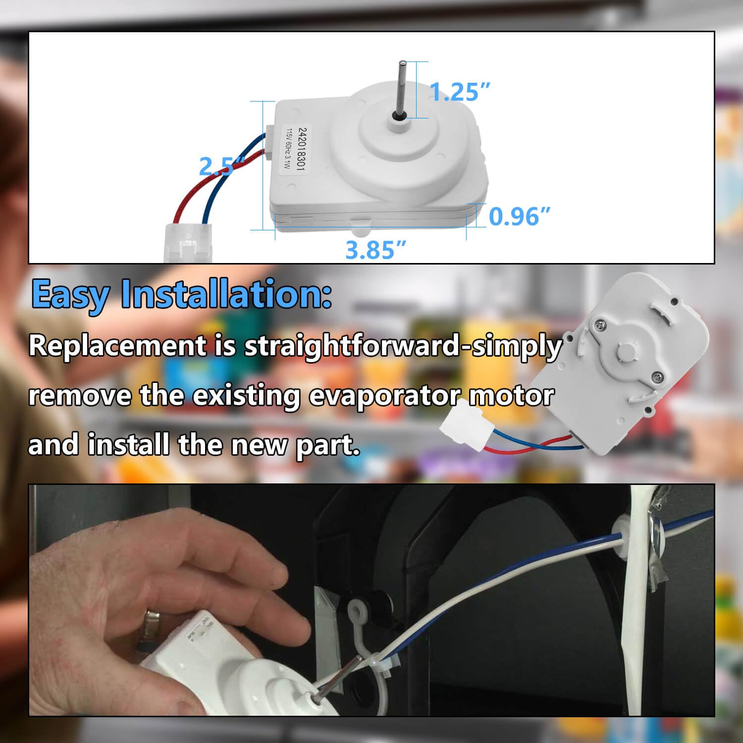 242018301 242018304 Refrigerator Condenser Fan Motor Replace 297279502 AP6891872 PS12728810 FFHS2622MBA,Compatible with Frigidaire,Sears Kenmore,Crosley,Electrolux
