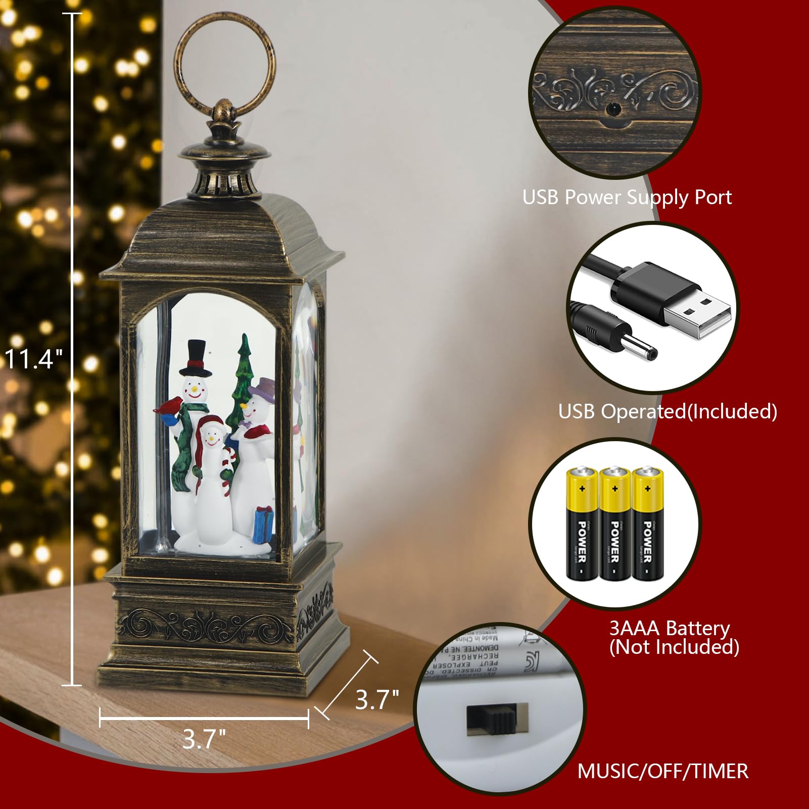 Condition photo showing New/Like New for Christmas Snow Globe Swirling Glittering Snowman Scene with Timer & Music, Lighted Water Lantern USB Lined/Battery Operated for Christmas Festival Decoration Gifts - 11.4 inch