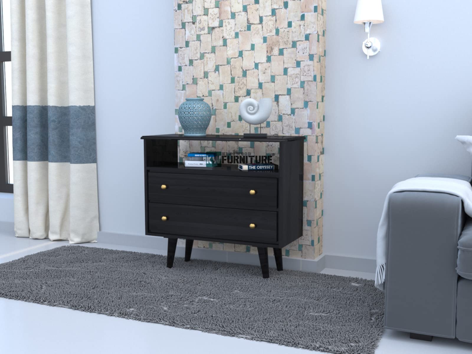 KINGWOOD FURNITURE Darwin Mini Chest of Drawer with Shelve | Compact Sideboard with Two Drawers for Living Room & Bedroom in Sheesham Wood (Walnut Finish)