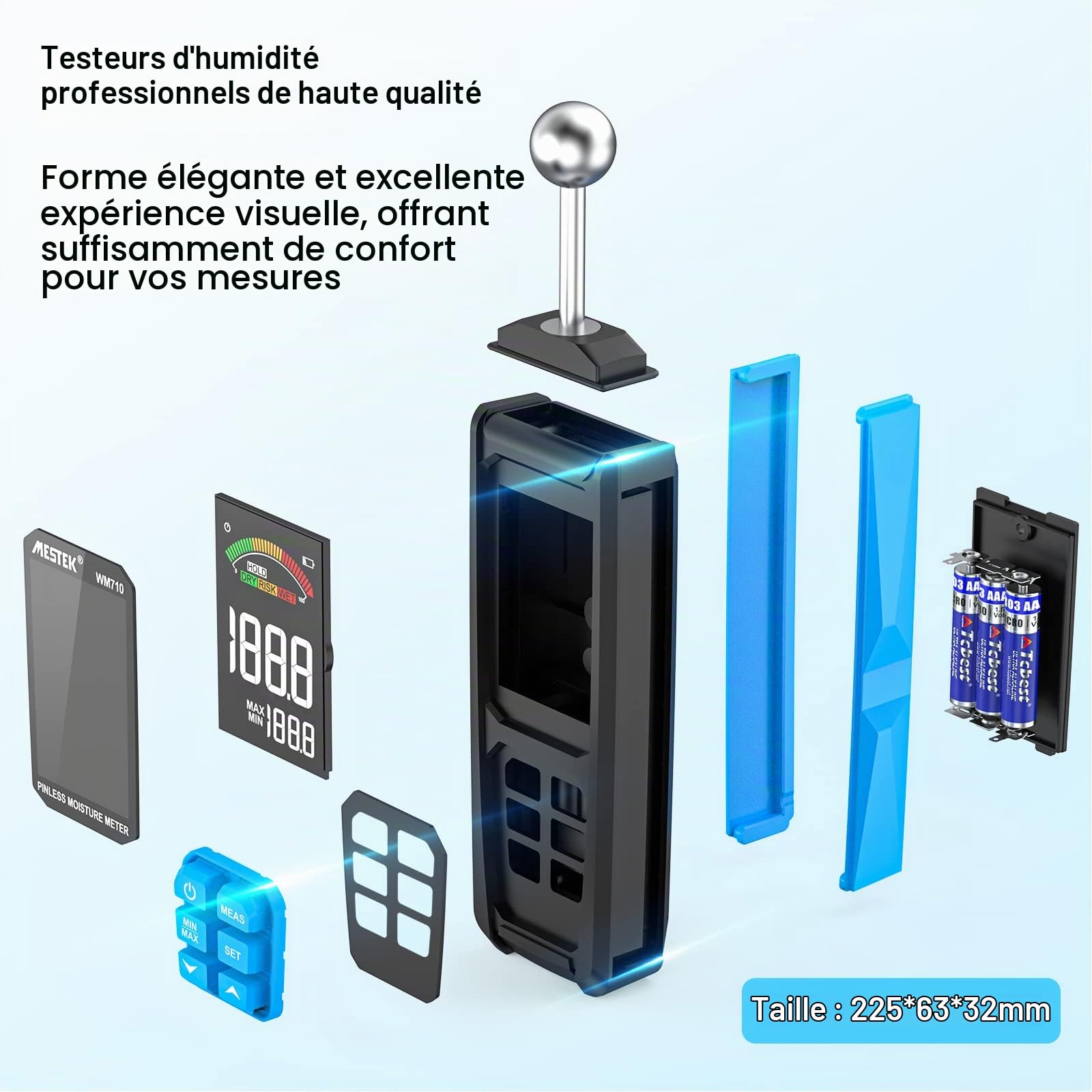 Testeur d'Humidité MESTEK Humidimètre Murs Hygromètre 20-40mm Analyseur d'humidité sans Aiguille Numérique Écran LCD Alarme Fonction Pour Détecteur Bois Murs Maçonnerie Construction Béton Plâtre
