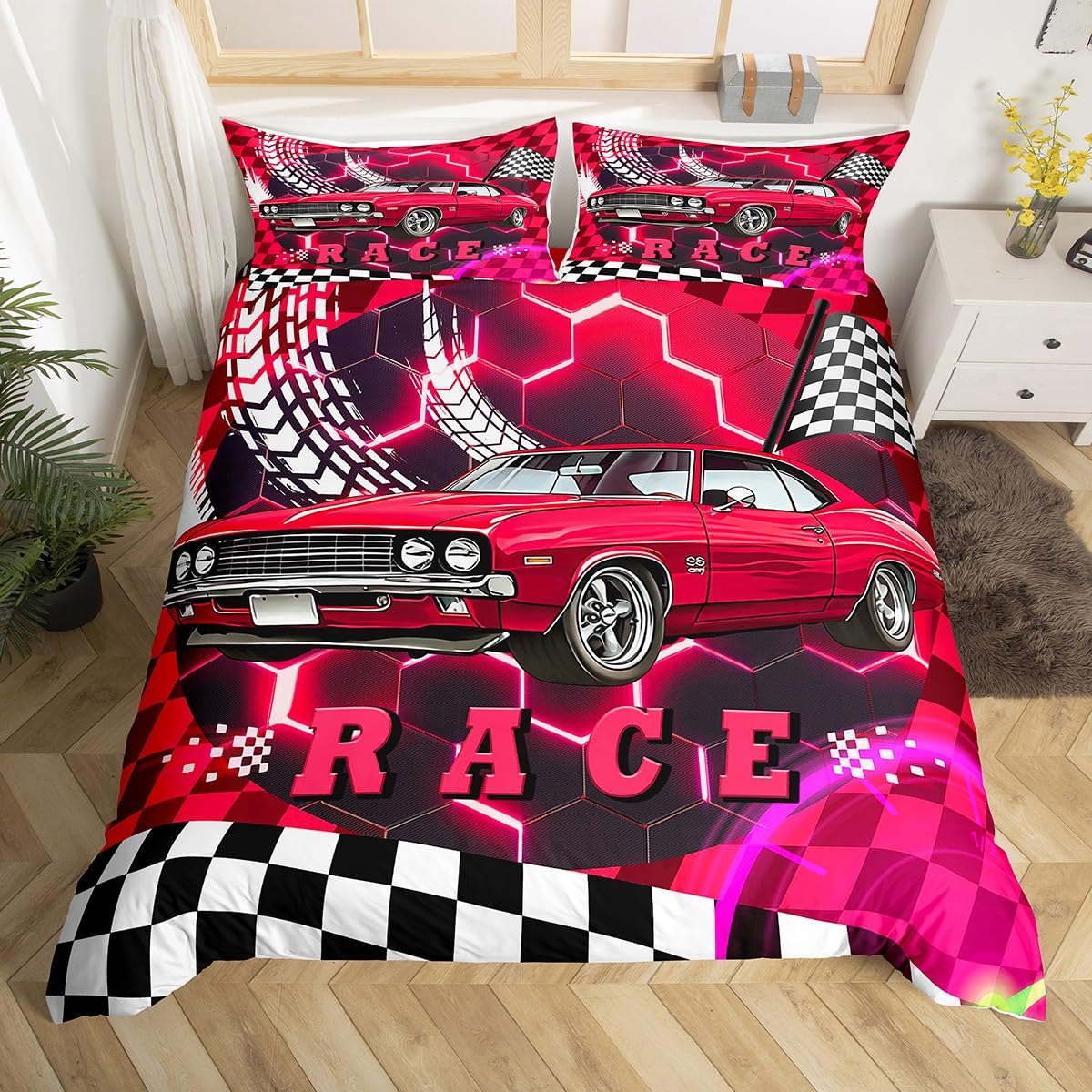 Homewish Red Racing Car Bedding Single Size 2 Pieces, Neon Geometric Honeycomb Duvet Cover Set for Kids Boys Girls, Hexagonal Extreme Sports Theme Bed Sets, Vintage Race Car Quilt Cover Set โ image 1