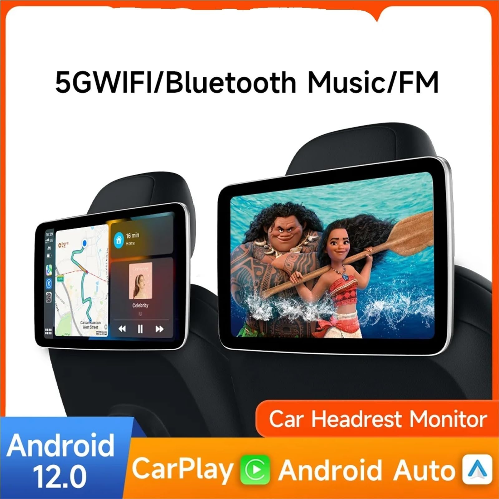 Pantallas de Coche Monitor de Asiento Trasero Reposacabezas Pantalla de TV Auto CarPlay WiFi Reproductor de películas y Videos en línea(2Units Full Screen)