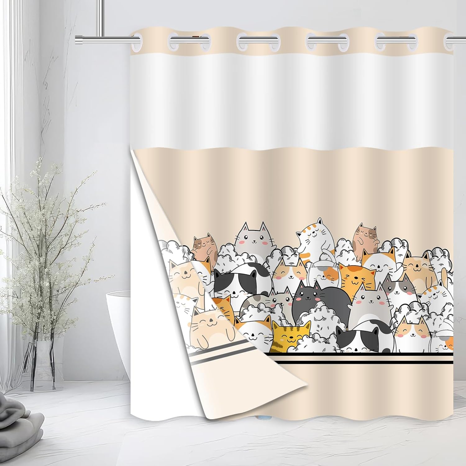 Cat Shower Curtain for Kids, Cartoon Animal Shower Curtain with Snap in Liner Set Double-Layer Hookless Shower Curtain for Bathroom Orange Pink 71x74inch