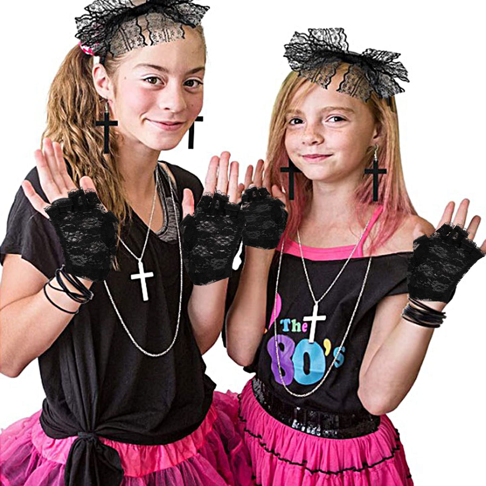 MIVAIUN 5pcs Ladies 80s Accessories: 80s Fancy Dress Costume Accessories, Lace Headband, Earrings, Fishnet Gloves - Image 4
