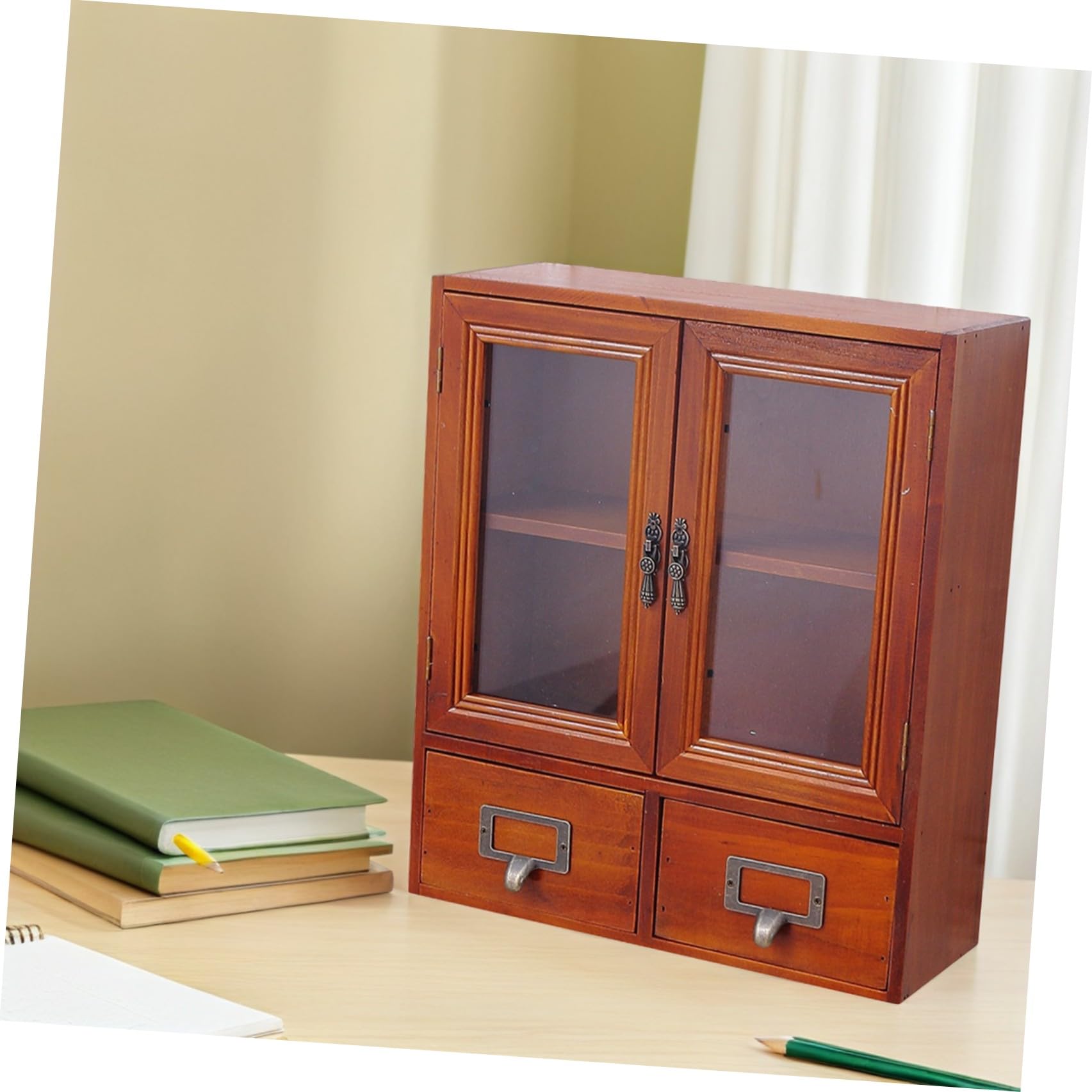 Holzschrank mit Glastüren und 2 Schubladen, Vintage Apothekerregal zur Küchenorganisation und Stauraumgestaltung