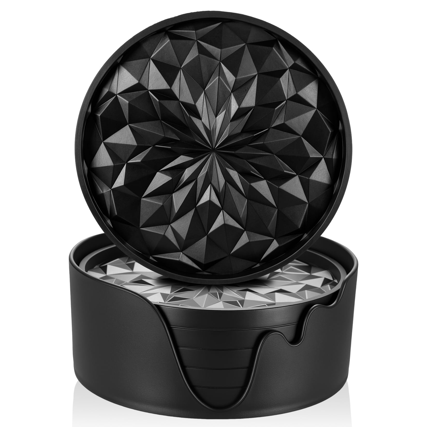Set of 6 Black Silicone Drink Coasters with Holder