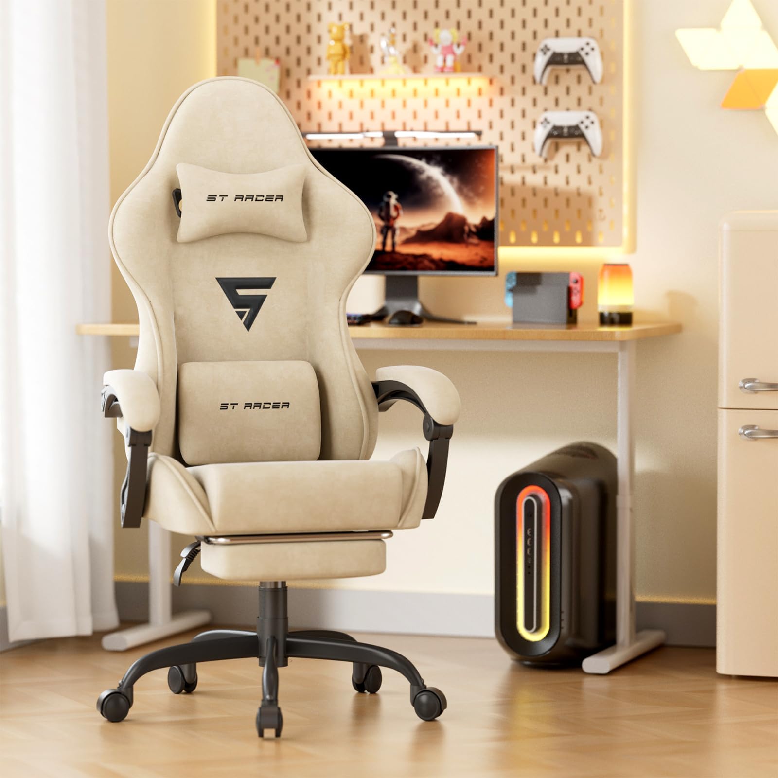 Ergonomic Gaming Chair with Waist Massage,Gamer Chair Footrest and Retractable Headrest,Comfortable Velvet Material Office Chair,White Rice
