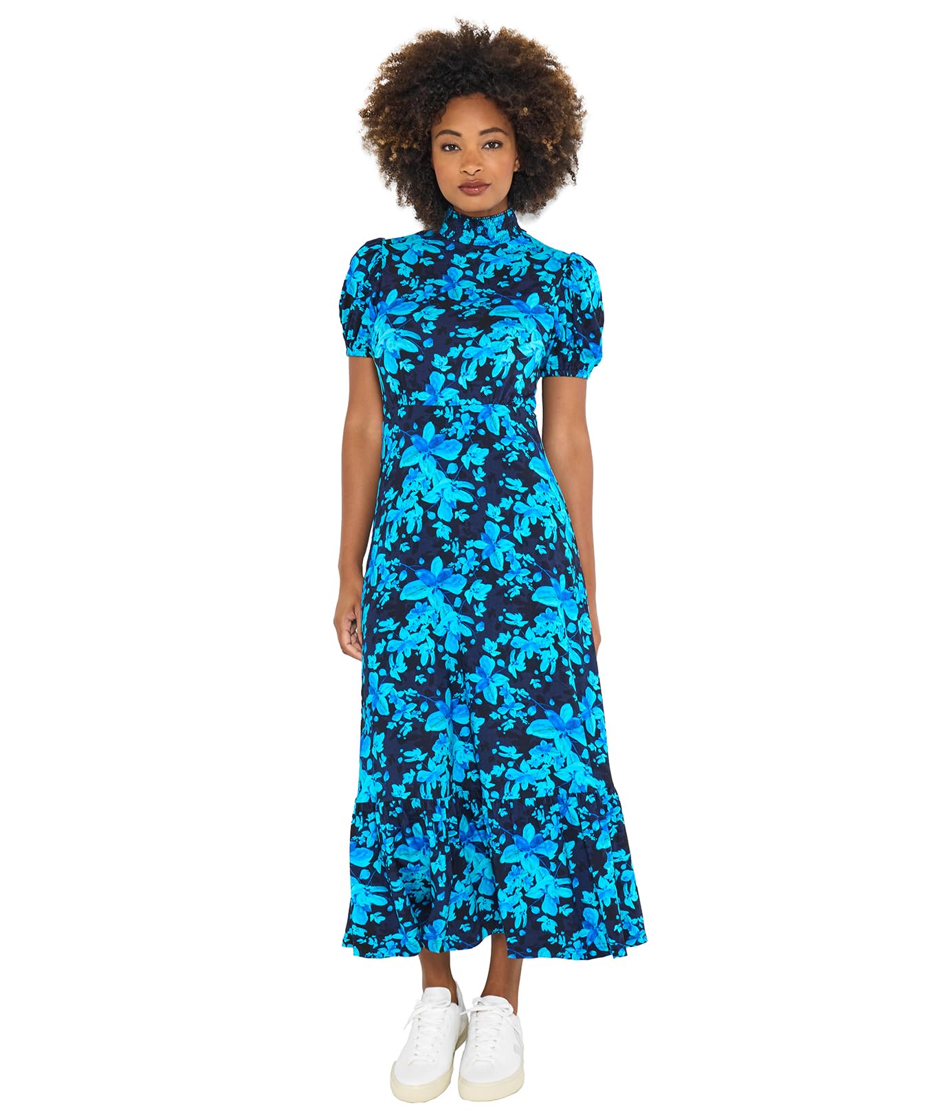Joe Browns Women's Vintage Floral Print Puff Sleeve High-Neck Jersey Midi Dress, Blue, 18
