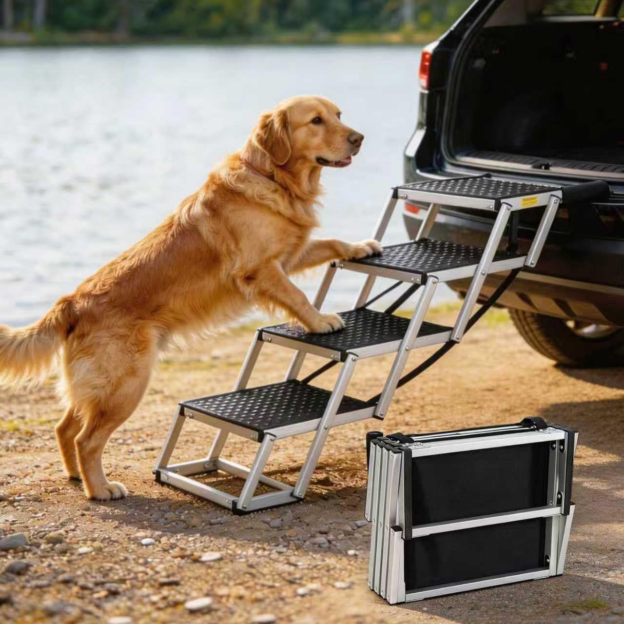 Foldable Dog Ramp for Car – Lightweight Aluminum Dog Stairs for Large Dogs, 5-Step Dogs Ladder for SUV/Truck/Indoor Bed and Sofas, Portable Pet Steps with 154 lbs Capacity