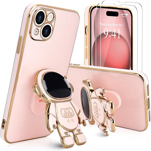 Funda para iPhone 15 Plus, lindo soporte de astronauta 3D con 2 protectores de pantalla protección de cámara Soporte de silicona suave a prueba de