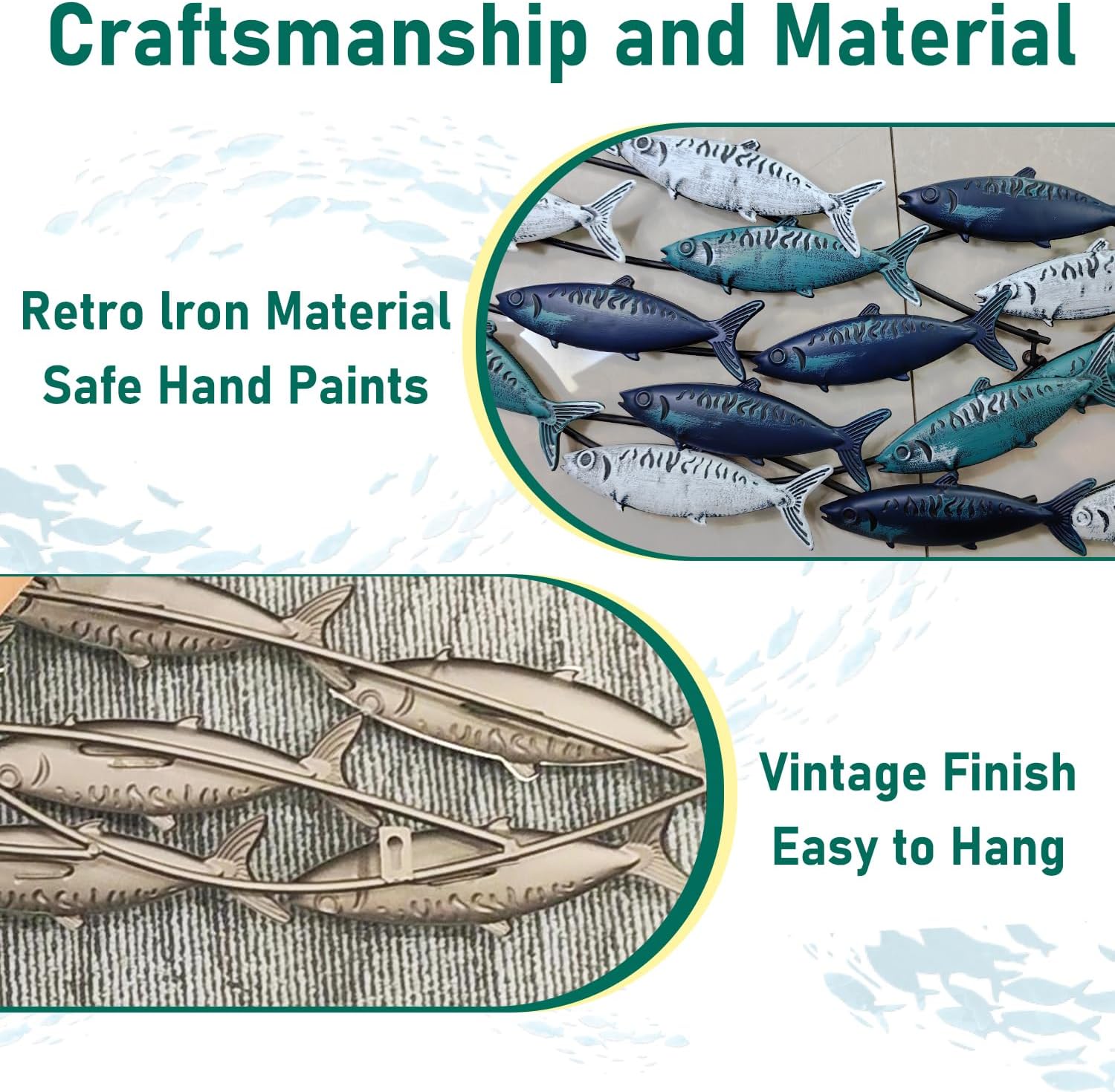 jvsufuik Metal Fish Wall Decor, Coastal Nautical Wall Art -Large Metal Fish Wall Sculpture with 2 Turtles, Size 59"X 17.3"