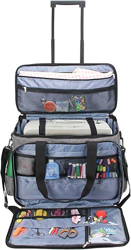 Miniatura 15 de LUXJA Estuche para máquina de coser con plataforma desmontable y almohadilla inferior extraíble, bolsa rodante que se adapta a la mayoría de Morado